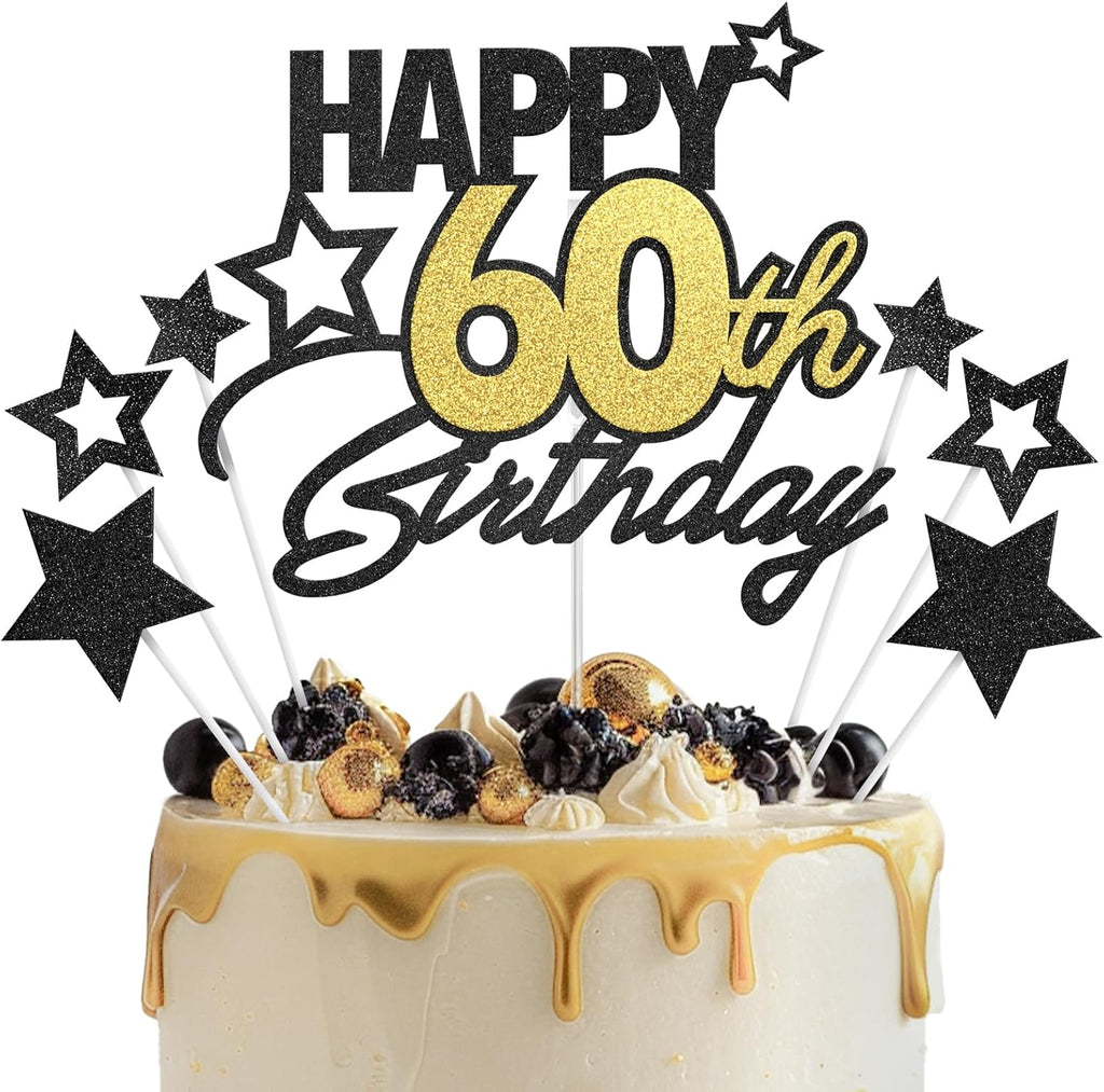 Happy 60th Birthday Cake Topper 60 Birthday Cake Decorations, Happy 60th Birthday Anniversary Party Cake Decorations for Men Women, Black Gold
