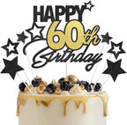 Happy 60th Birthday Cake Topper 60 Birthday Cake Decorations, Happy 60th Birthday Anniversary Party Cake Decorations for Men Women, Black Gold