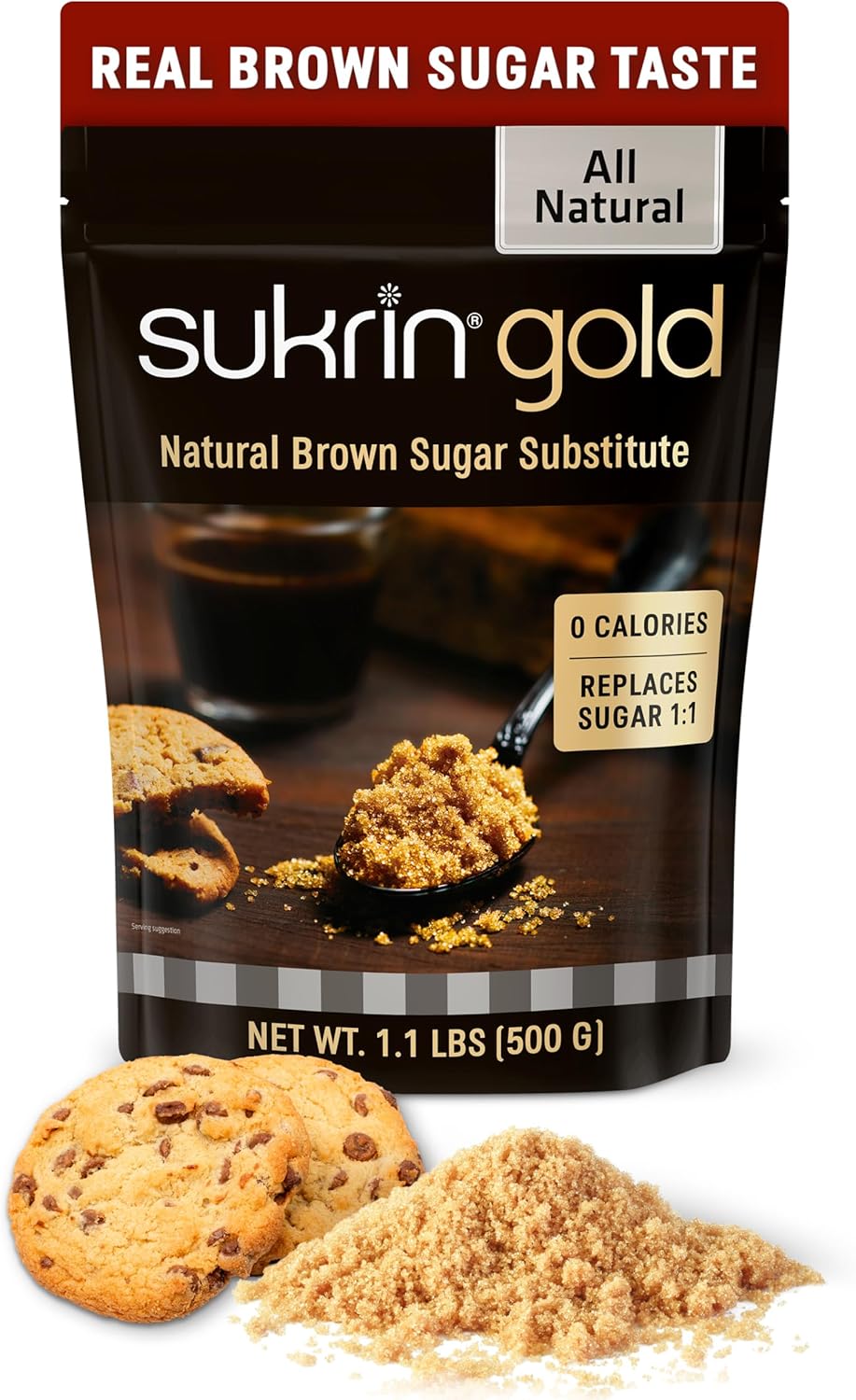 SUKRIN GOLD 100% Natural Sugar Free Brown Sugar Substitute with Erythritol & Stevia Brown Sugar Zero Calorie Sweetener, Granulated Gluten Free Non-GMO Kosher Blood Sugar Vegan Keto Friendly, 1.1LB Bag