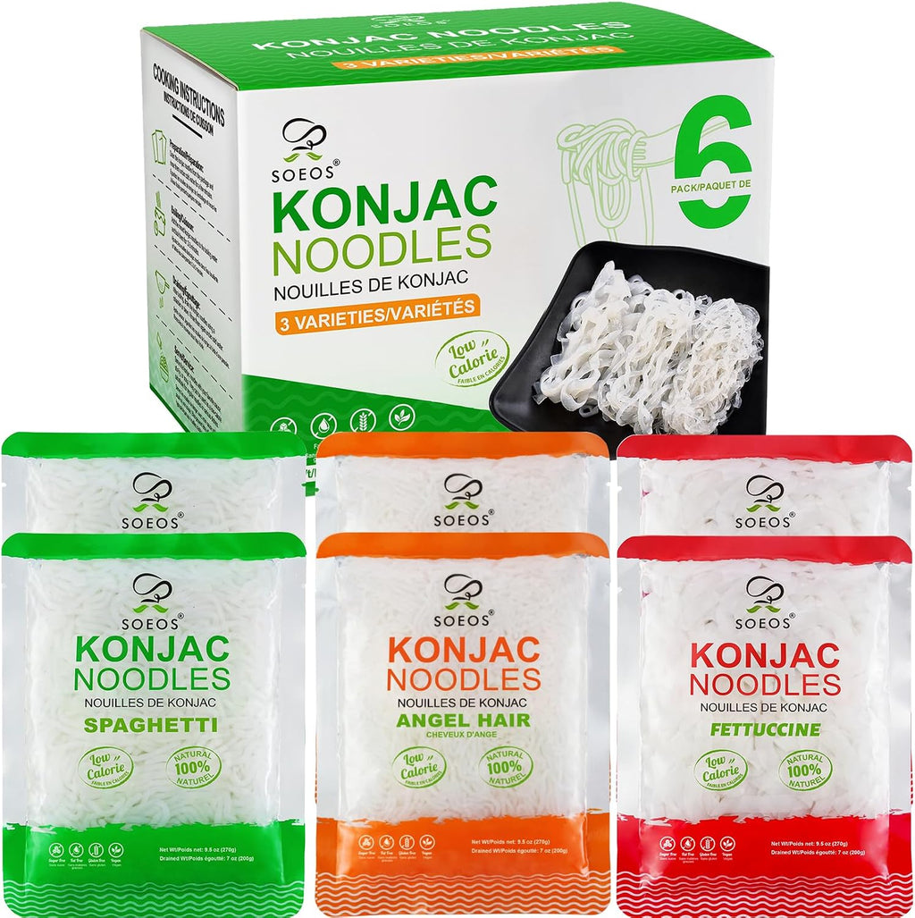 Soeos Konjac Noodles, Shirataki Noodle, 9.5 oz (270g)*6 Packs, Low Calorie, Low Carb, Keto and Paleo Friendly, 3 Variety Noodles, Fettuccine, Angel Hair, Spaghetti, Total 57 Ounce