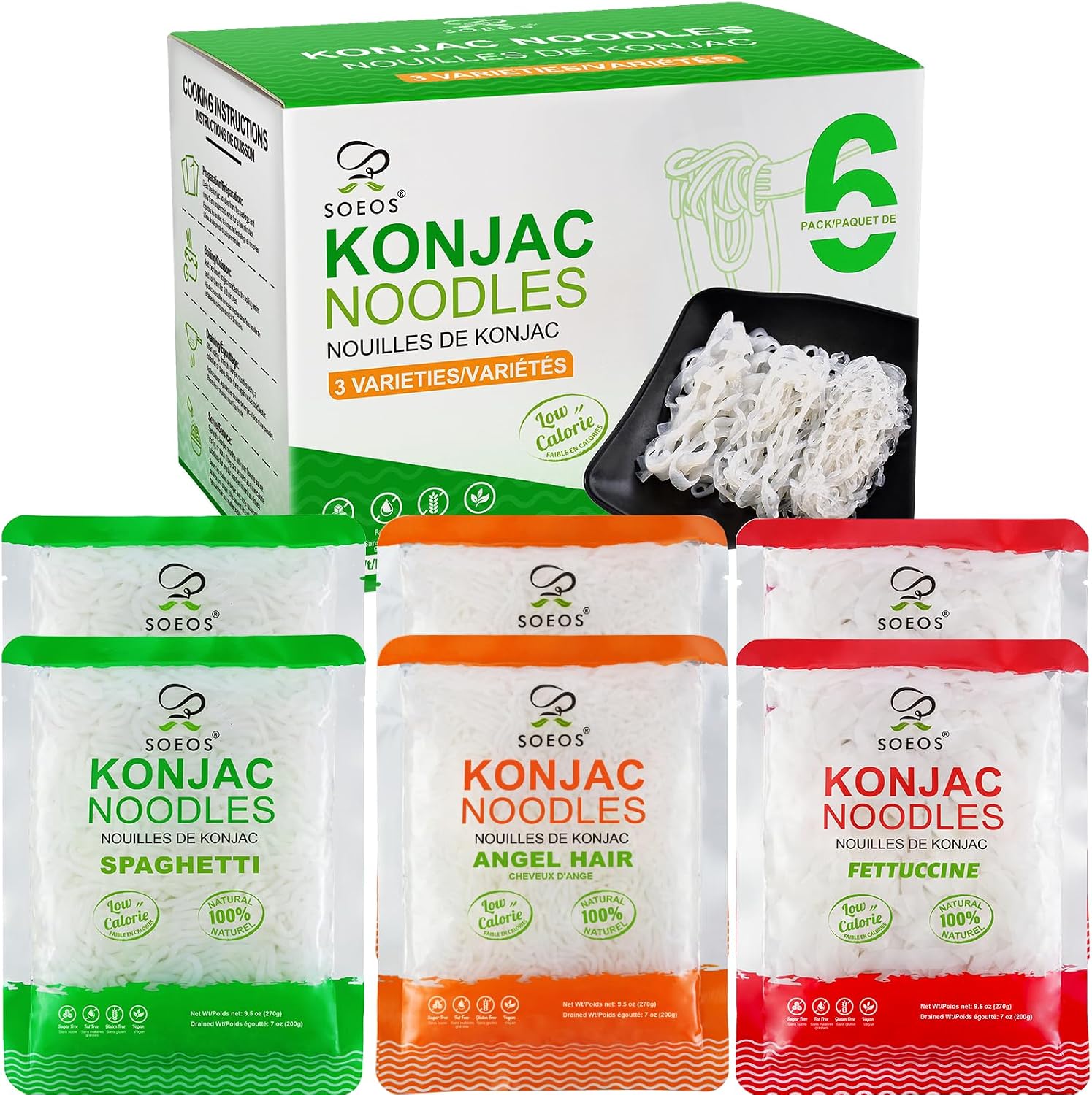 Soeos Konjac Noodles, Shirataki Noodle, 9.5 oz (270g)*6 Packs, Low Calorie, Low Carb, Keto and Paleo Friendly, 3 Variety Noodles, Fettuccine, Angel Hair, Spaghetti, Total 57 Ounce