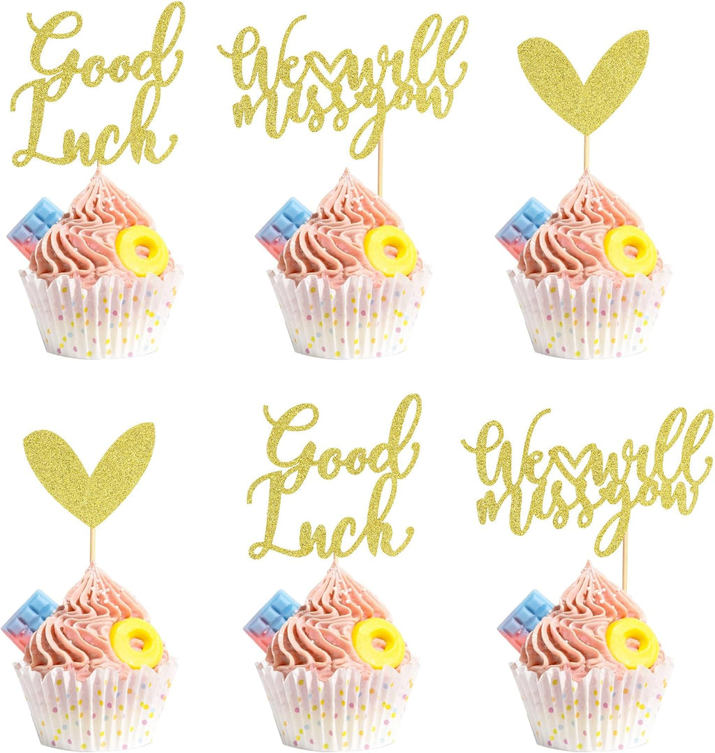 24Pcs We Will Miss You Cupcake Toppers Glitter Red Love Heart Good Luck Cupcake Picks Retirement Theme Going Away Party Cake Decorations - Gold Glitter