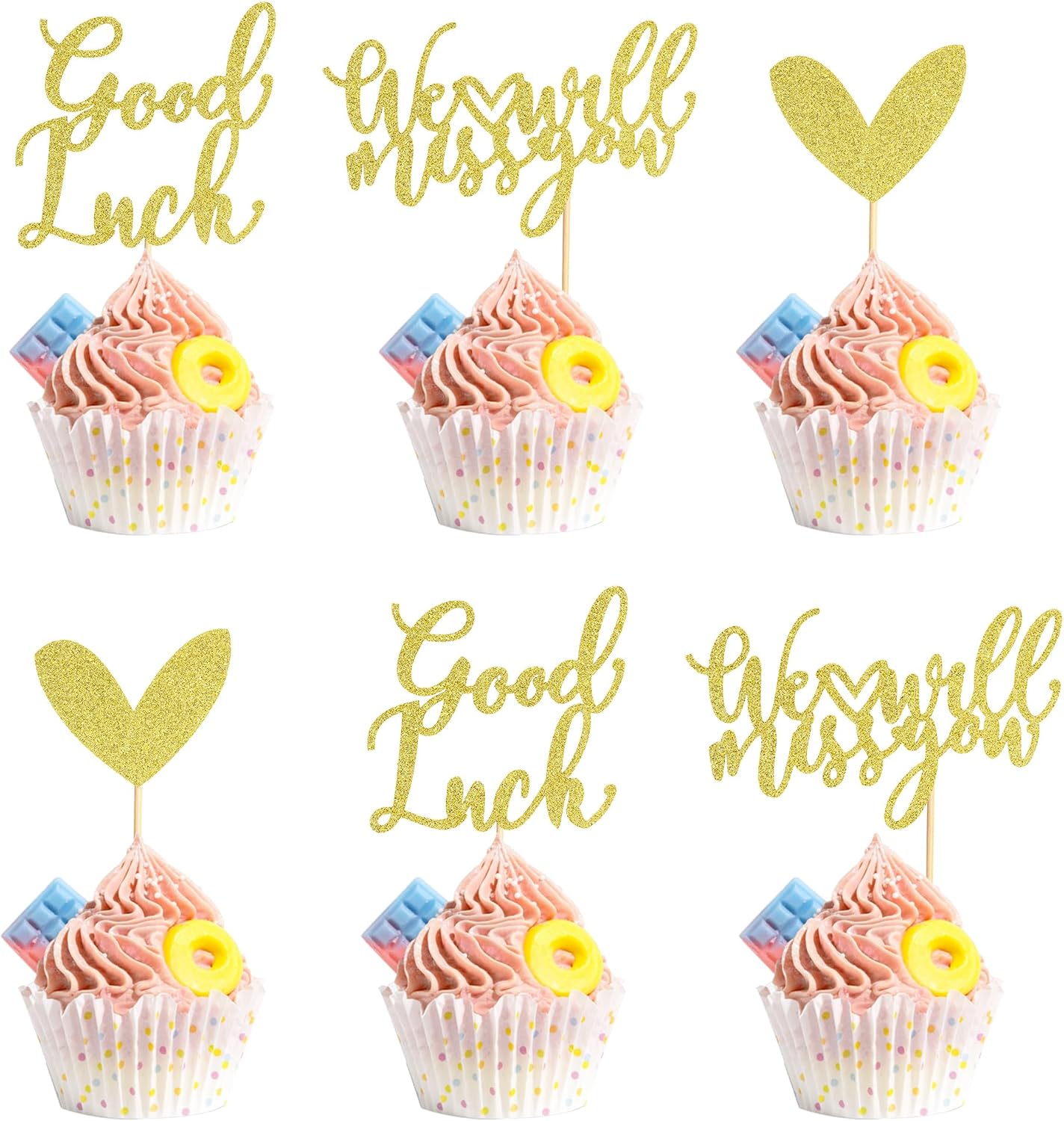 24Pcs We Will Miss You Cupcake Toppers Glitter Red Love Heart Good Luck Cupcake Picks Retirement Theme Going Away Party Cake Decorations - Gold Glitter