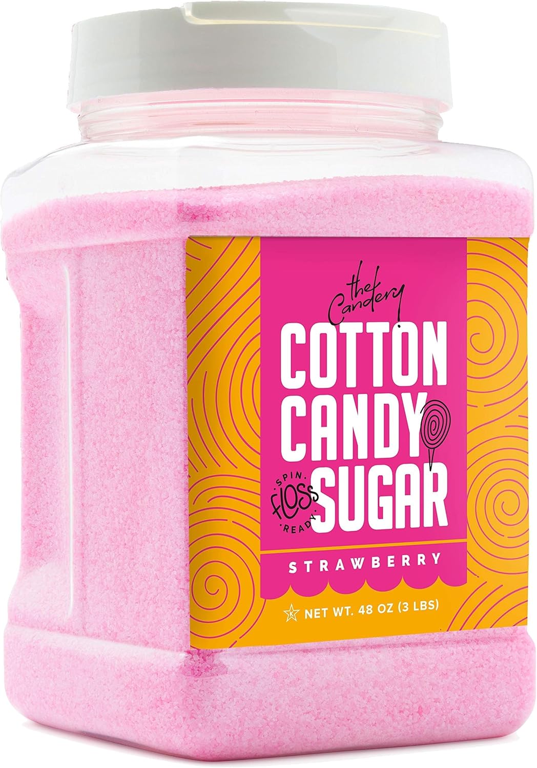 The Candery Cotton Candy Floss Sugar Strawberry Flavor- Reusable Plastic Jars - Easy Pour and Scoop Spout - 48oz 3LB