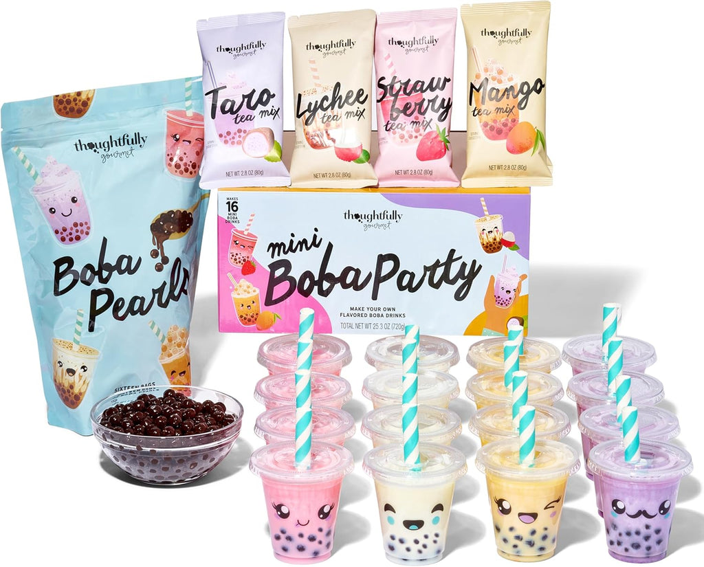 Thoughtfully, Mini Boba Pearl Party Set, Makes 16 Tasting Portions of Bubble Tea, Includes 4 Flavors, Cups, Lids, Straws, & Stickers, Boba Milk Tea Party Kit