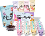 Thoughtfully, Mini Boba Pearl Party Set, Makes 16 Tasting Portions of Bubble Tea, Includes 4 Flavors, Cups, Lids, Straws, & Stickers, Boba Milk Tea Party Kit