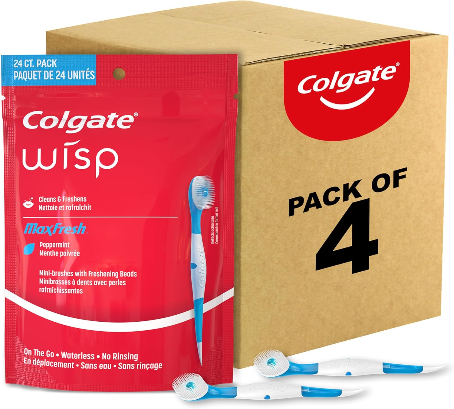 Colgate Max Fresh Wisp Disposable Mini Travel Toothbrushes, Peppermint, 24 Count (Pack of 4)