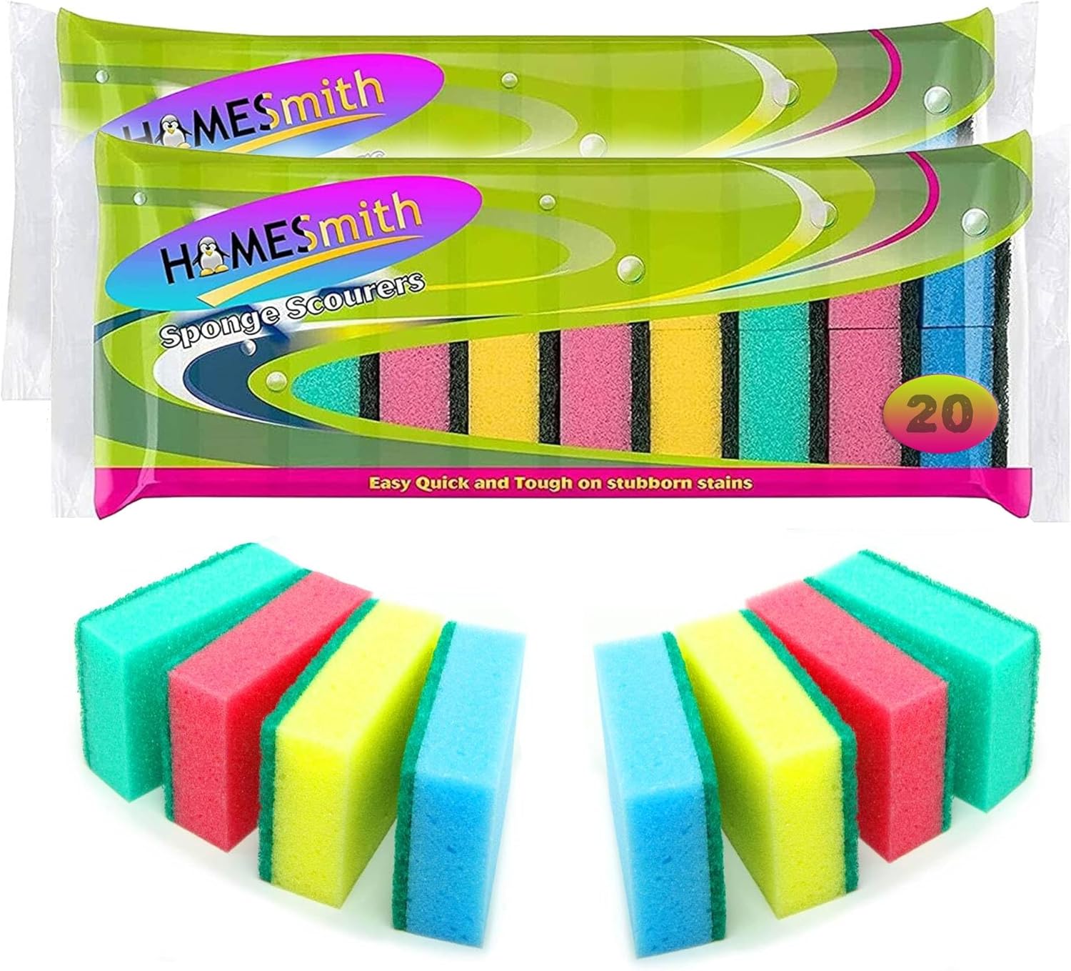 Dual Sided Dish Washing & Cleaning Sponges-Absorbent, Non-Scratch, Reusable Scourers-2 x 20 Packs, Foam, Mix Colours