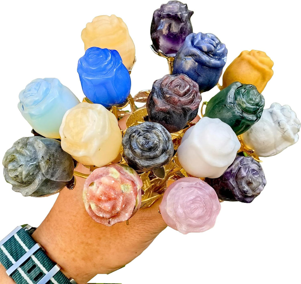 Crystal Rose Gemstone Flower Jewelry Carved Home Decoration,Reiki Heal,Girlfriend Gift,Mom's Gift,Valentines Gift 1pc (Rose Quartz,Golden stem)