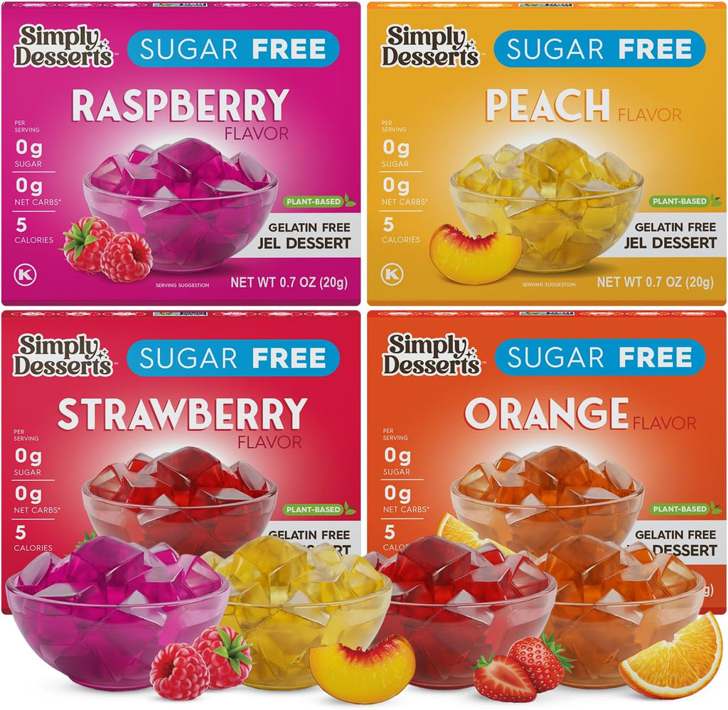 Simply Desserts Sugar-Free Jel Variety 4-Pack (Raspberry, Peach, Orange, Strawberry) — Vegan Dessert, Keto Snacks, Diabetic Friendly & Kosher, 1.7 Oz Ea