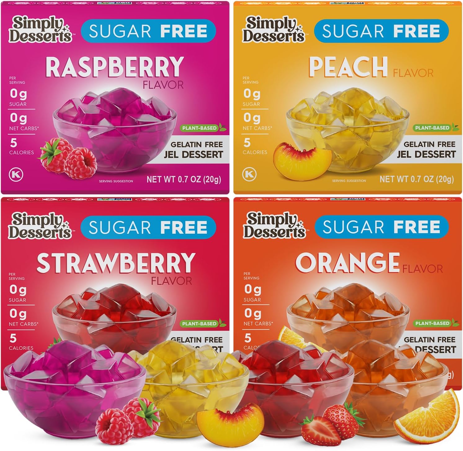Simply Desserts Sugar-Free Jel Variety 4-Pack (Raspberry, Peach, Orange, Strawberry) — Vegan Dessert, Keto Snacks, Diabetic Friendly & Kosher, 1.7 Oz Ea