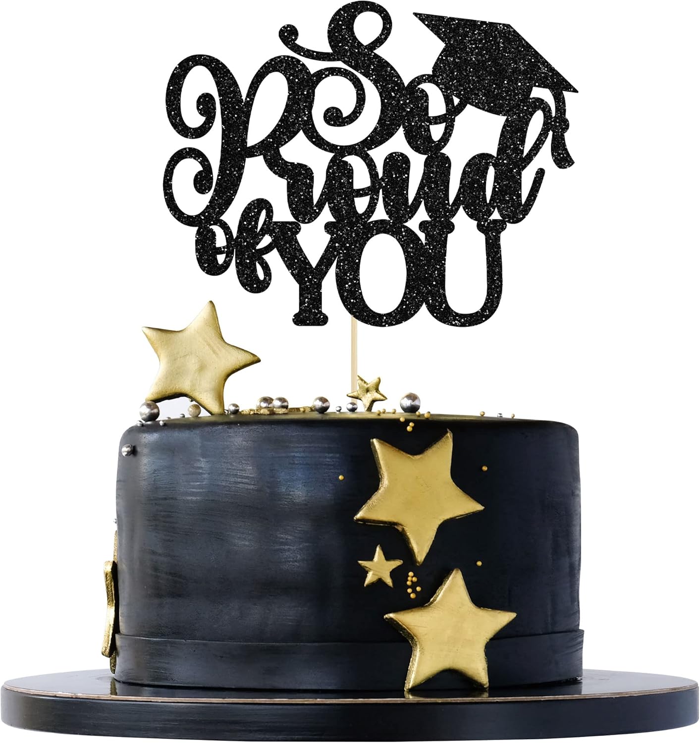 1Pc So Proud of You Cake Topper with Gold Glitter Diploma Graduation Cap Cake Pick Congrats Class of 2026 Cake Decorations for 2026 Graduation Theme High School Boys Girls Party Supplies Black