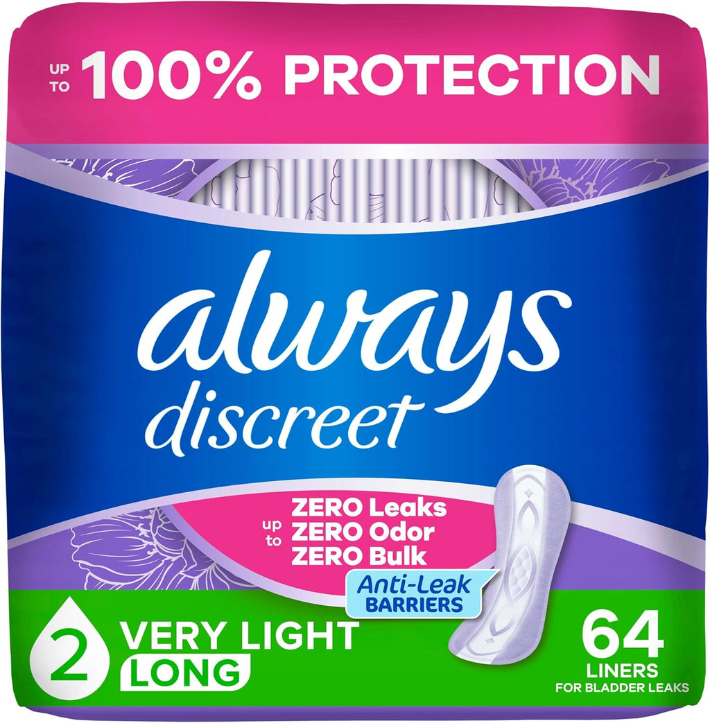 Always Discreet Incontinence Panty Liners for Women with Bladder Leaks, Size 2, Very Light Absorbency, Long Length, Up to 100% Bladder Leak Protection 64 CT