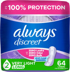 Always Discreet Incontinence Panty Liners for Women with Bladder Leaks, Size 2, Very Light Absorbency, Long Length, Up to 100% Bladder Leak Protection 64 CT