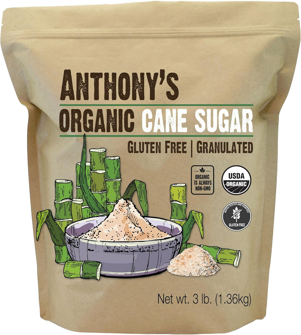 Anthony's Organic Cane Sugar, 3 lb, Granulated, Gluten Free & Non GMO