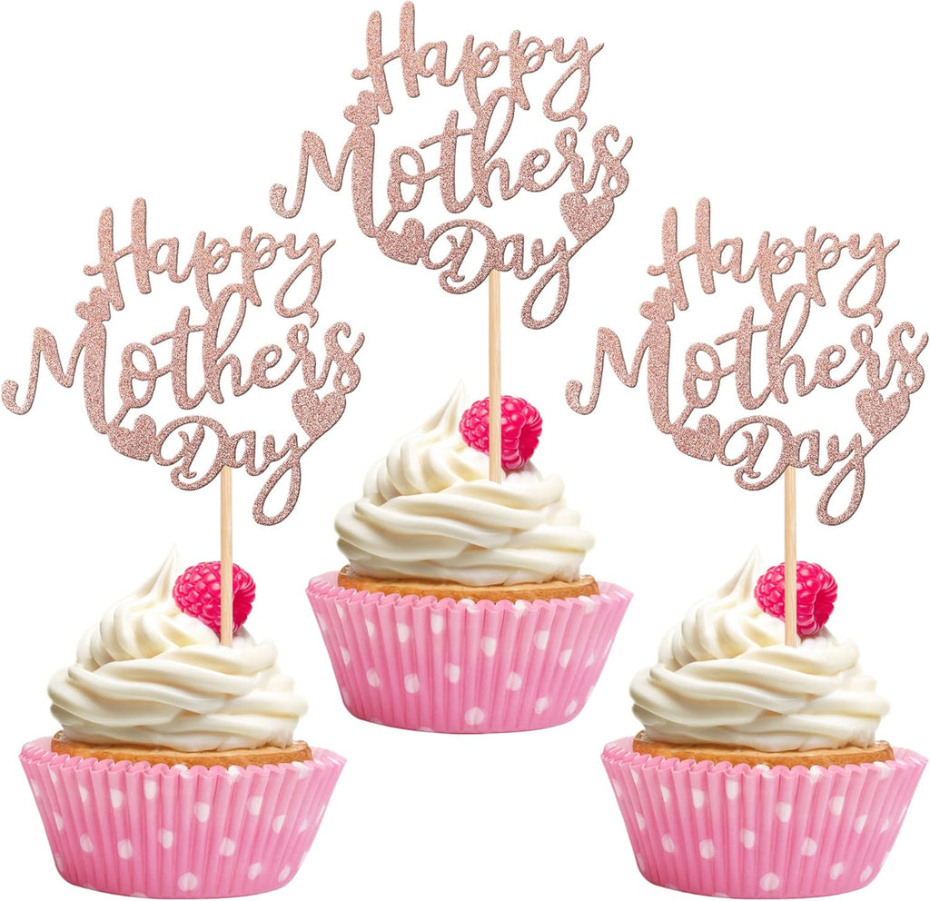 24 PCS Happy Mother's Day Cupcake Toppers with Glitter Heart Love Mother Best Mom Cupcake Picks for Happy Mother's Day Theme Women Birthday Party Cake Decorations Supplies Rose Gold