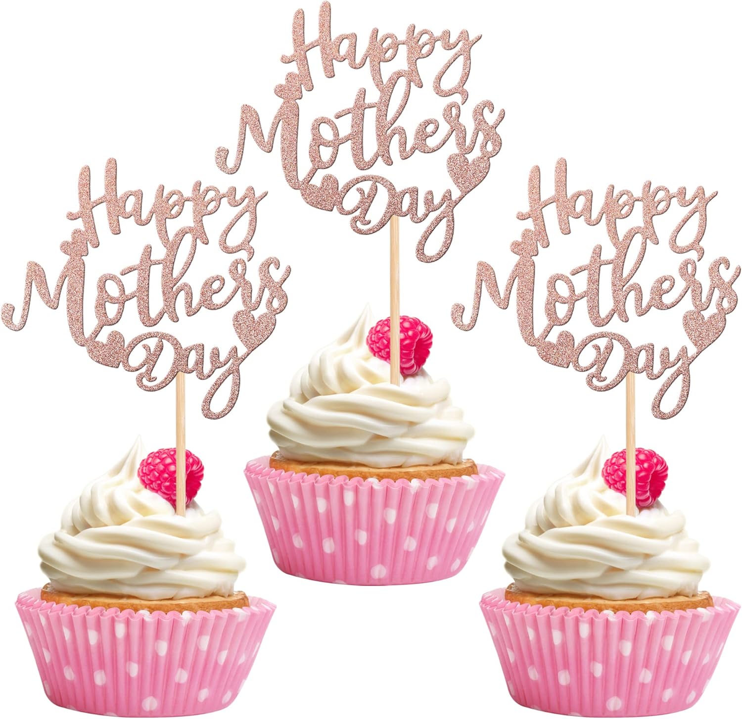 24 PCS Happy Mother's Day Cupcake Toppers with Glitter Heart Love Mother Best Mom Cupcake Picks for Happy Mother's Day Theme Women Birthday Party Cake Decorations Supplies Rose Gold