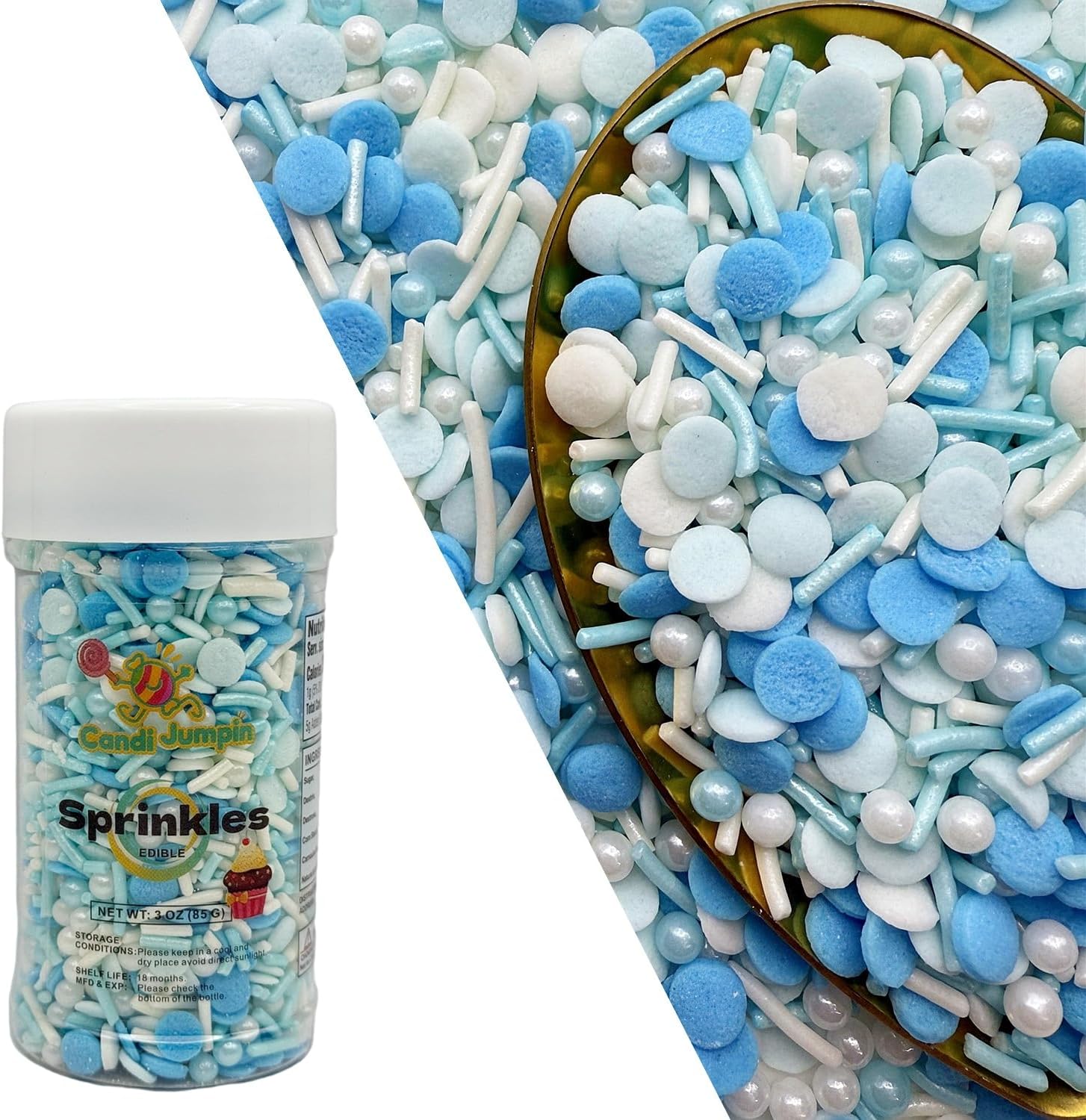 CandiJumpin Light Blue and White Pearl Sprinkles, Edible Pearls and Jimmies Mix Baby Blue and White Sprinkles Crunchy Jimmies Edible Pearls for Cake Decorating Pearl Decoration for Baking Baby Shower Party Birthday Wedding Christmas Supplies 3 OZ