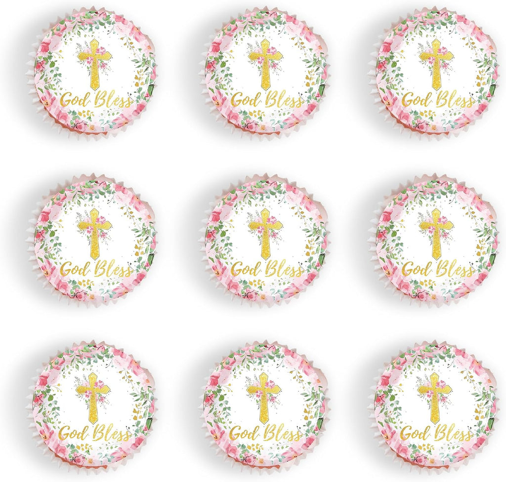48PCS Edible Pink God Bless Cupcake Toppers Cross Cupcake Toppers Girl Baby Shower Cake Topper Decorations for Christian Theme Decorations Supplies
