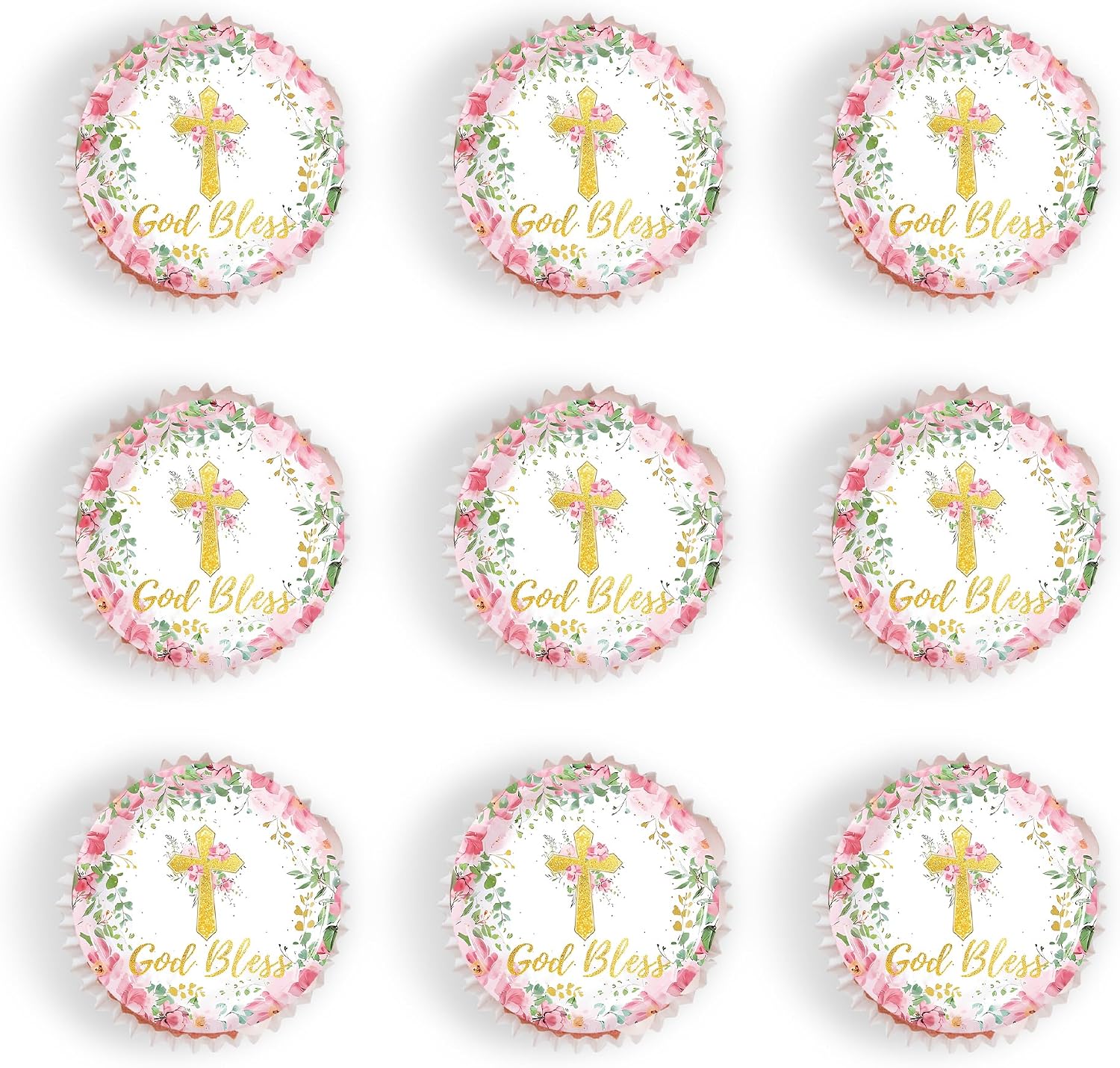 48PCS Edible Pink God Bless Cupcake Toppers Cross Cupcake Toppers Girl Baby Shower Cake Topper Decorations for Christian Theme Decorations Supplies
