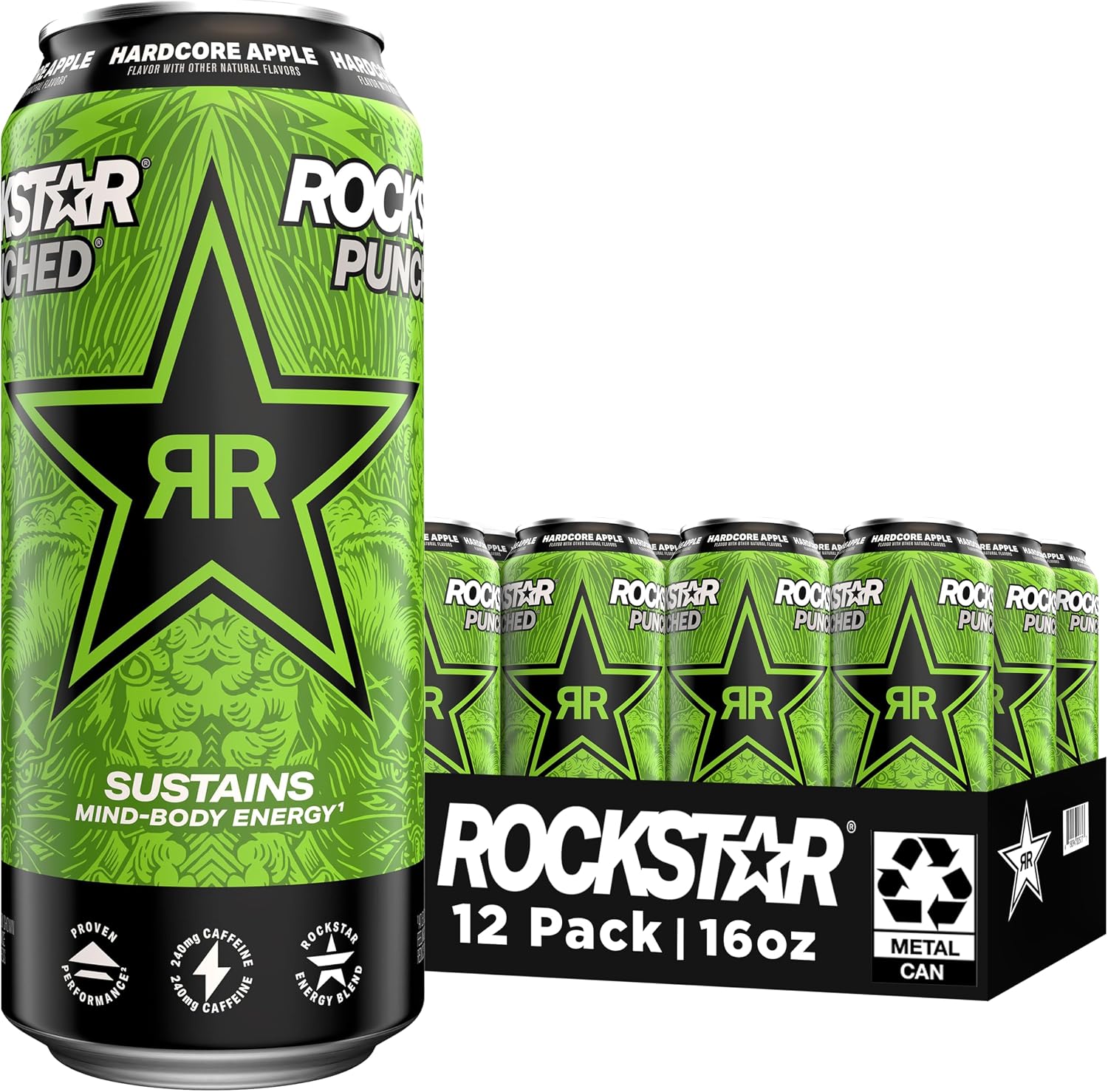 Rockstar Energy Drink Punched Hardcore Apple, 16oz Cans (12 Pack)