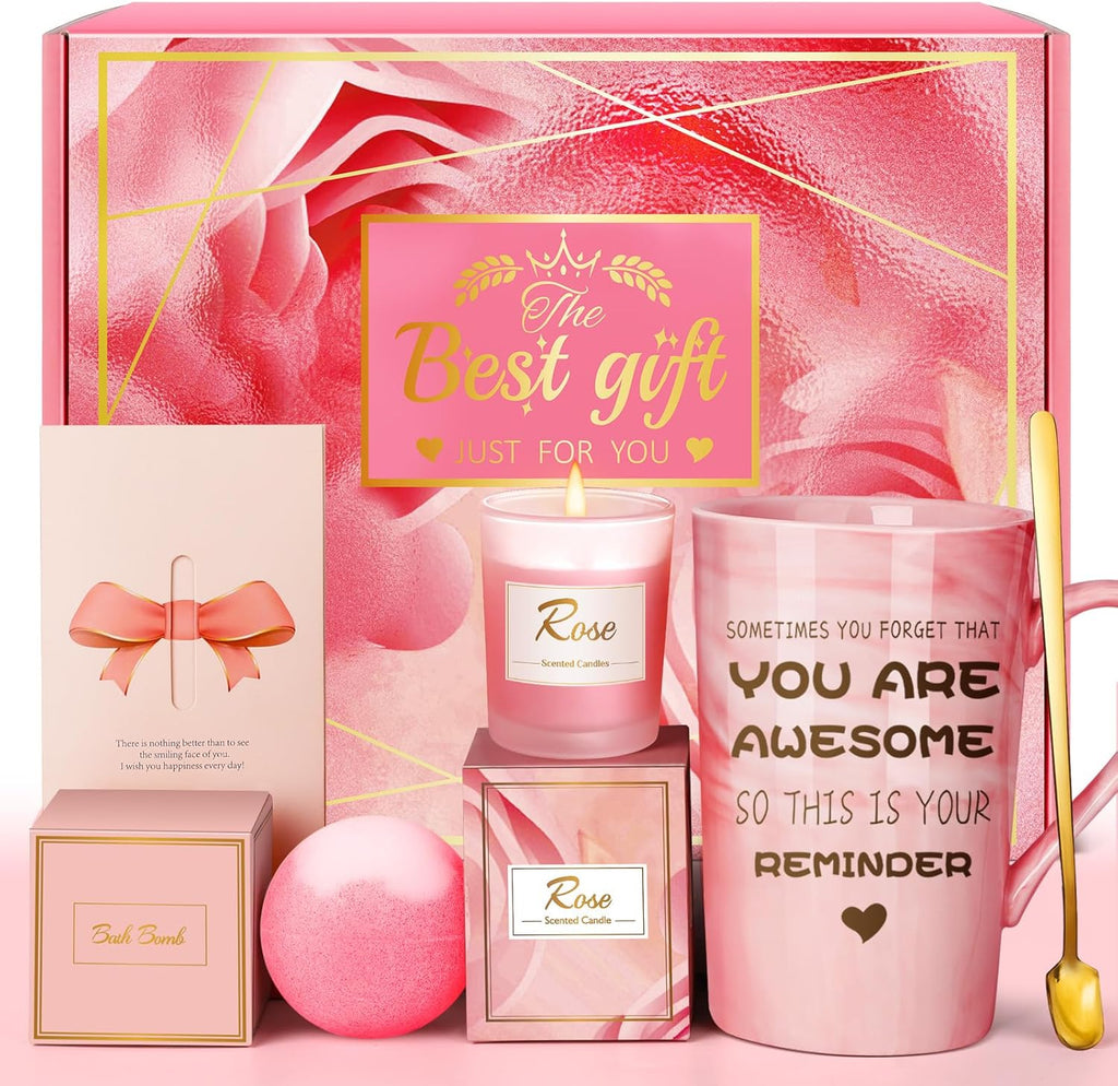 Birthday Gifts for Women, Mom, Sister, Friend: Unique Pink Self Care Spa Relaxation Baskets Set, Mothers Day, Christmas, Valentines, Holiday, Gift for Her, Girlfriend, Grandma, Wife, Bestie, Coworker