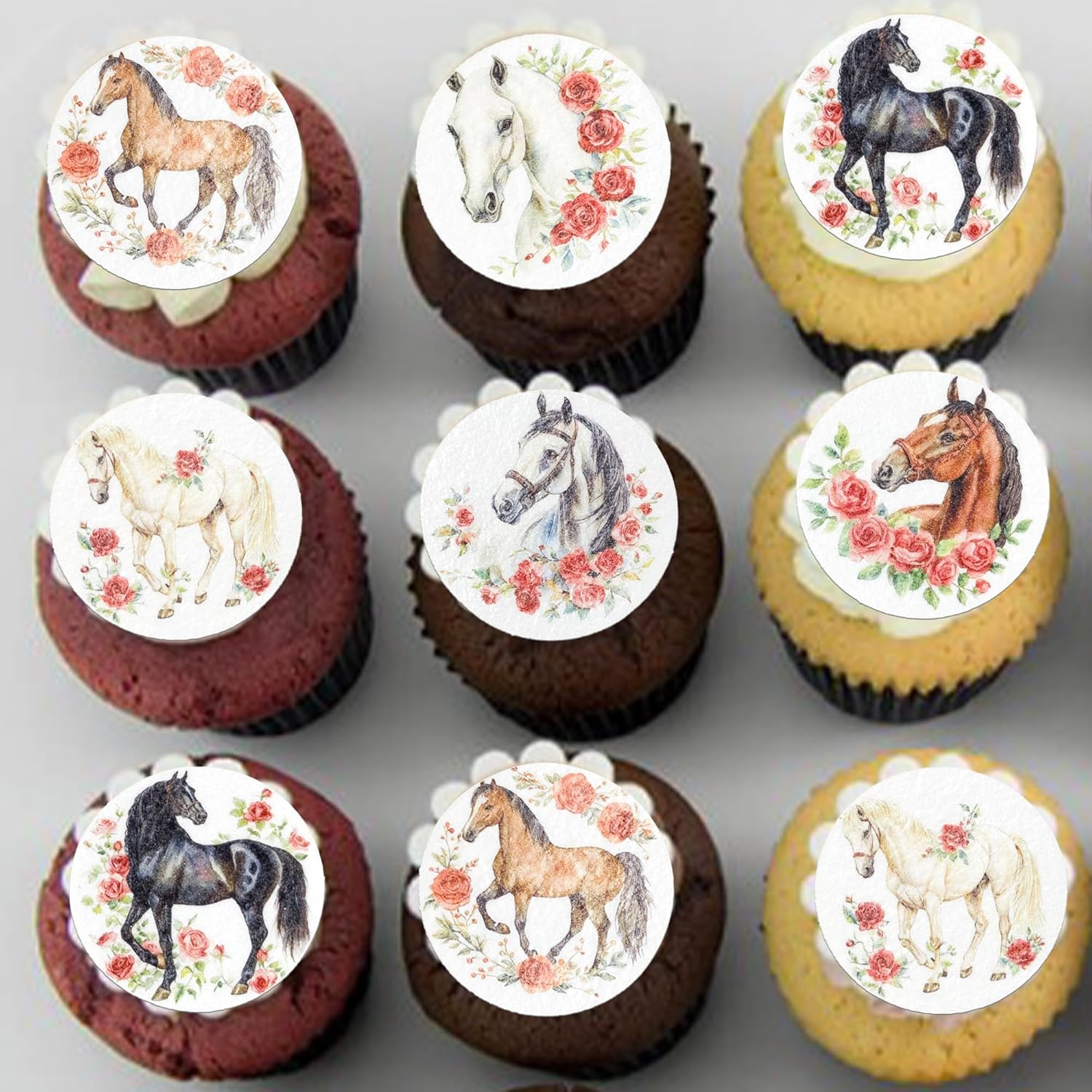 Gyufise 48Pcs Edible Floral Horse Cupcake Toppers Wafer Paper Western Cowgirl Cupcake Toppers Picks for Western Derby Horse Theme Party Decoration Supplies