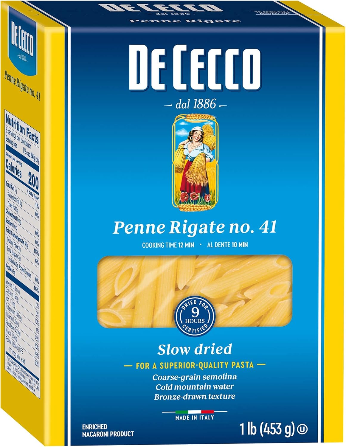 De Cecco Penne Rigate No. 41 Pasta, 16 Oz, Authentic, Slow Dried, Made with Durum Wheat, Versatile Pasta for Sauces & Recipes, Made in Italy