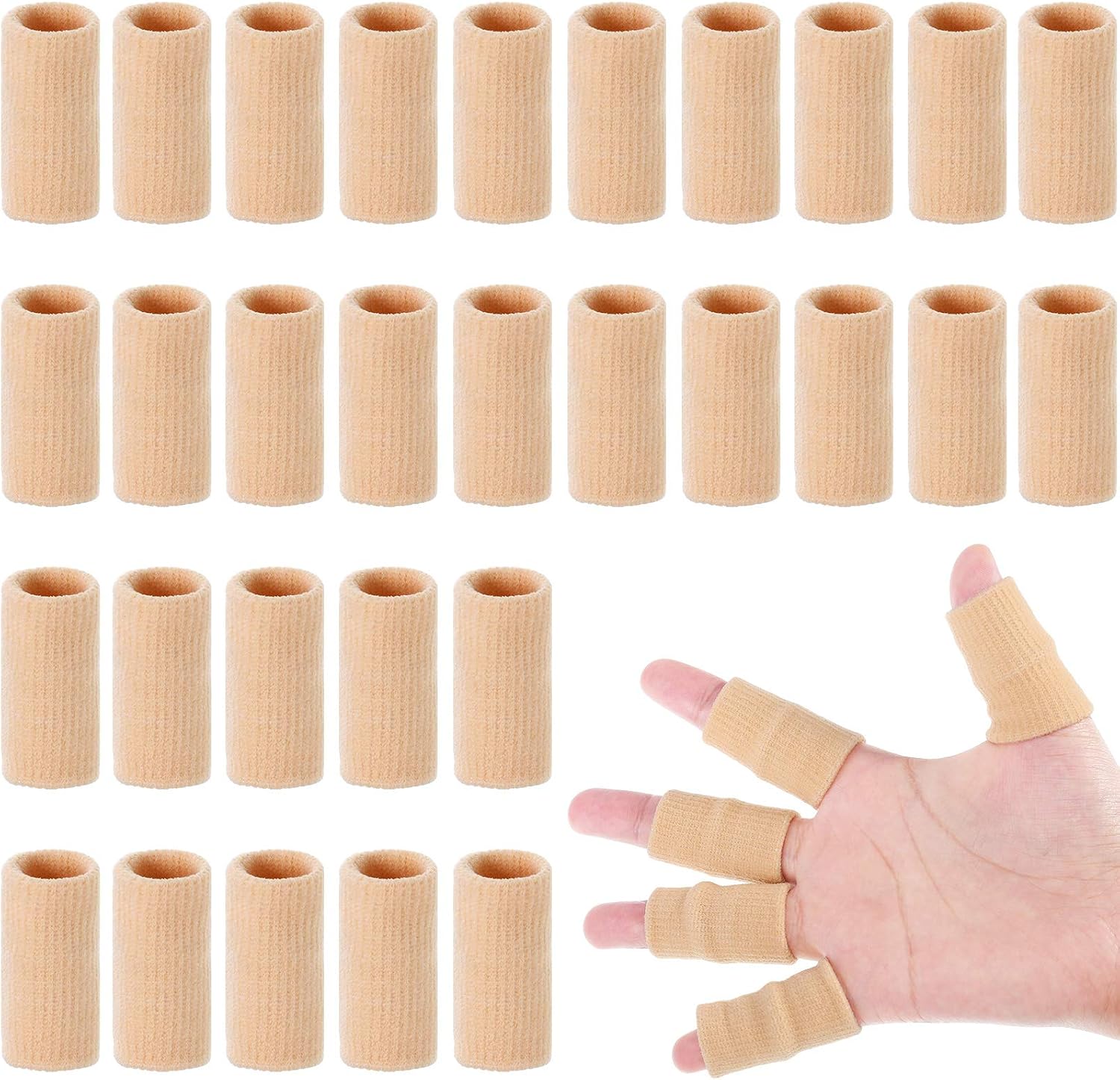 Skylety 30 Pieces Finger Sleeves with 1 Storage Bag, Thumb Splint Brace Support Protector Breathable Elastic Finger Tape for Pain Relief Arthritis Trigger Sports Basketball Baseball(Beige)