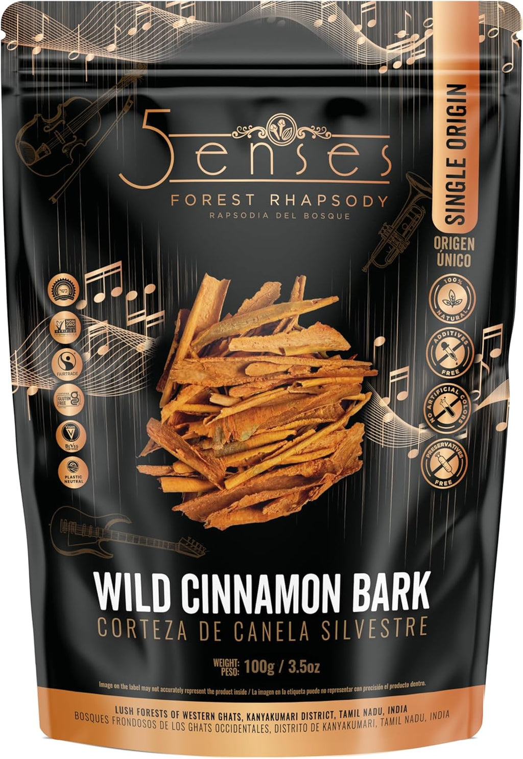 5Senses Wild Cinnamon Bark | Canela | Forest Rhapsody | Single Origin, Non-GMO, Fairtrade, Ethically Sourced Spices, Culinary Spice, Gourmet Spice (3.5oz/100g)
