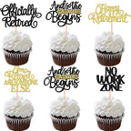 30 PCS Happy Retirement Cupcake Toppers Officially Retired Cupcake Picks No Work Zone Adventure Begins Cake Decorations for Retirement Theme Farewell Birthday Party Supplies Black Gold