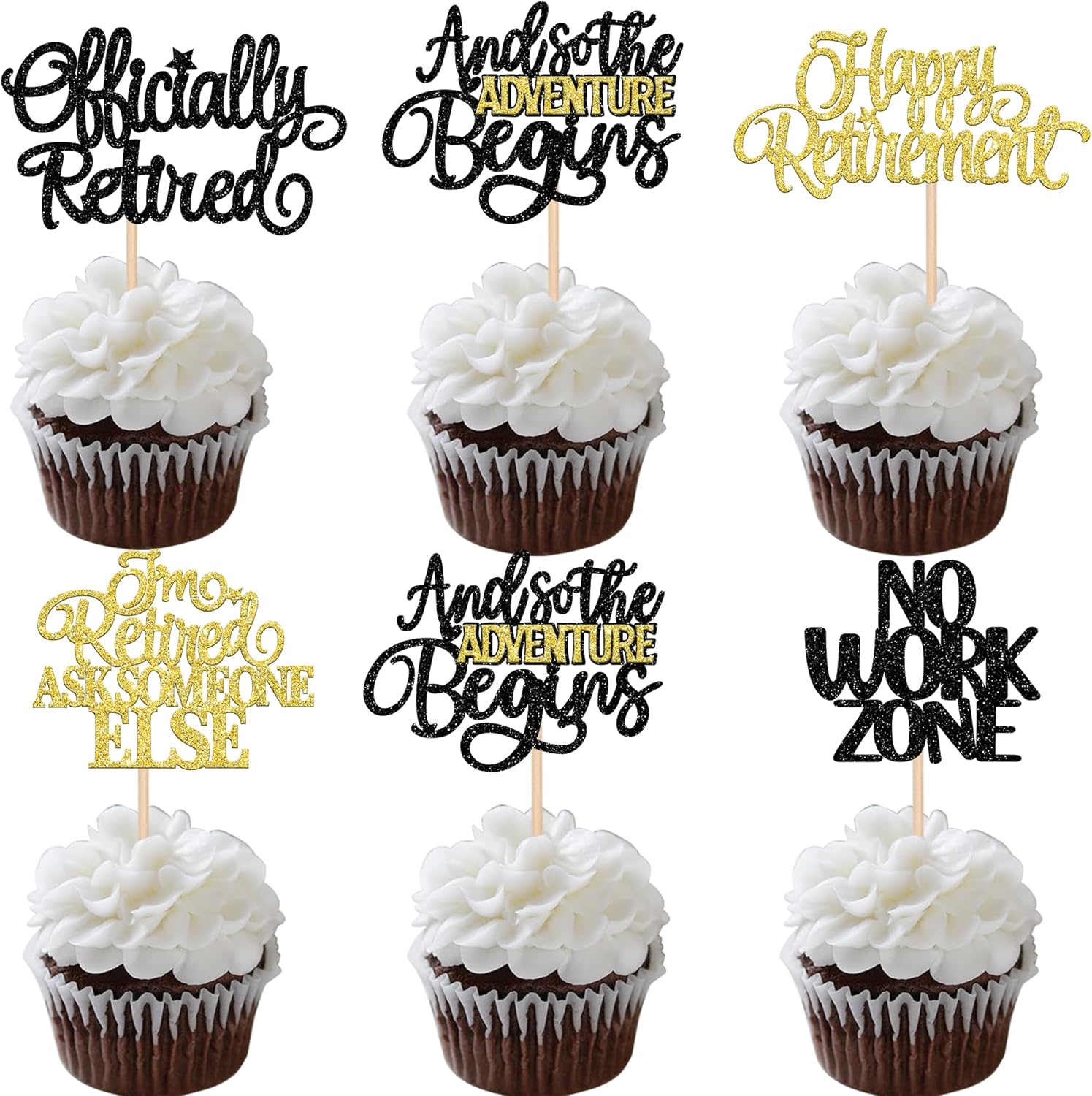 30 PCS Happy Retirement Cupcake Toppers Officially Retired Cupcake Picks No Work Zone Adventure Begins Cake Decorations for Retirement Theme Farewell Birthday Party Supplies Black Gold