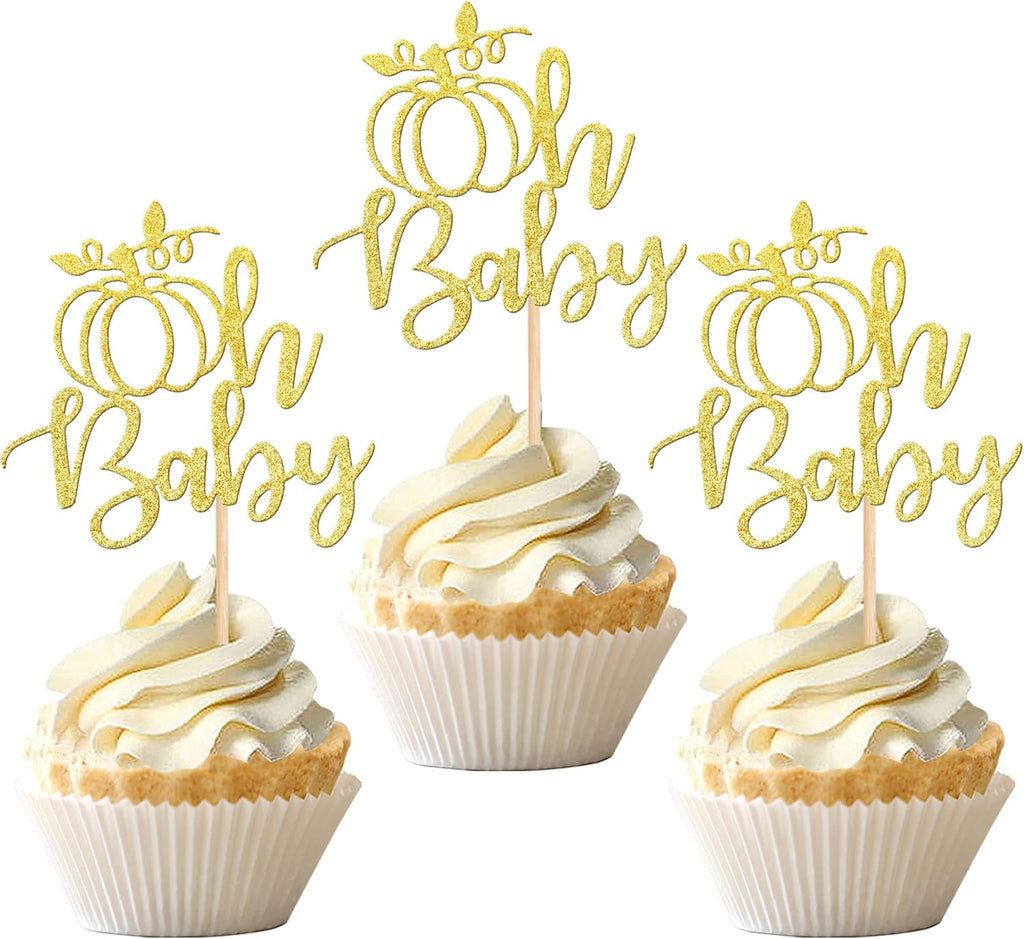 24 PCS Pumpkin Oh Baby Cupcake Toppers Glitter Gender Reveal Pumpkin Cupcake Picks for Fall Theme Baby Shower Kids Birthday Party Cake Decorations Supplies Gold