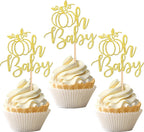 24 PCS Pumpkin Oh Baby Cupcake Toppers Glitter Gender Reveal Pumpkin Cupcake Picks for Fall Theme Baby Shower Kids Birthday Party Cake Decorations Supplies Gold