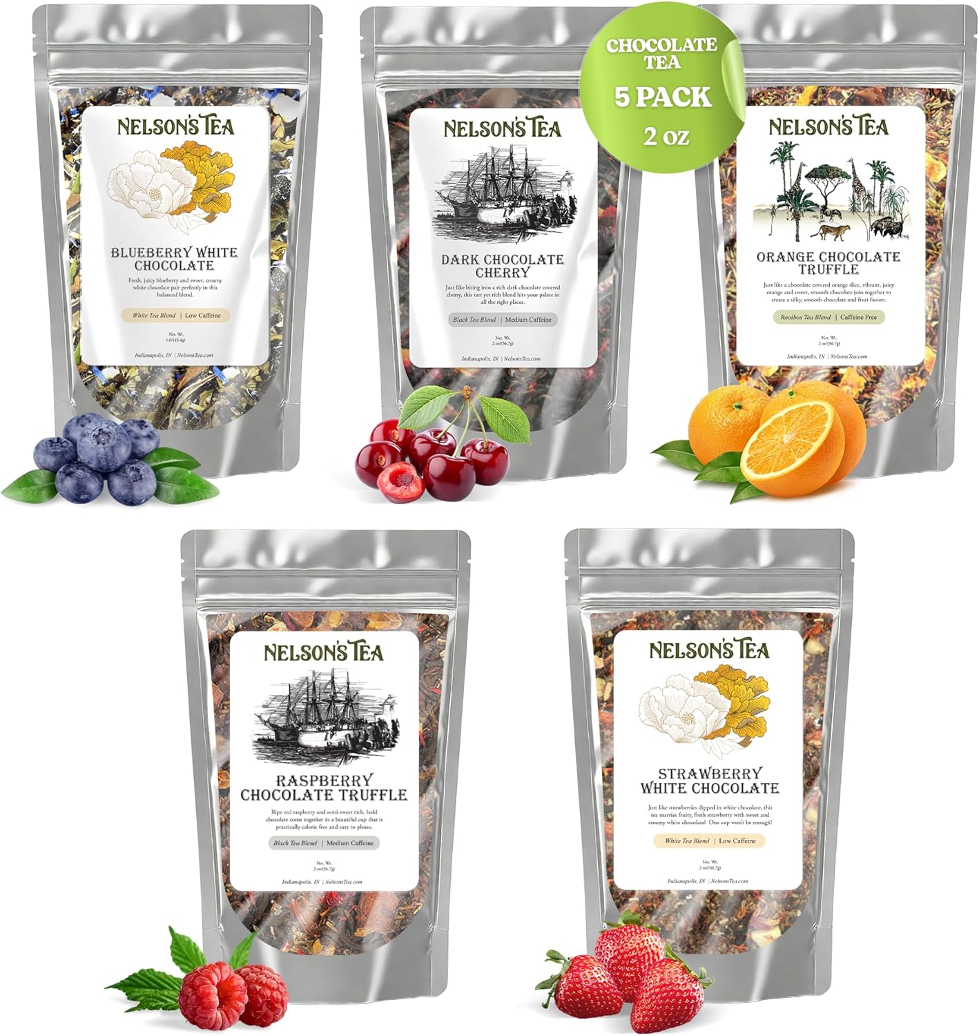Nelson's Tea Chocolate Covered Fruit Sampler Pack Tea - Blueberry White Choc 1.6 Oz, Dark Chocolate Cherry 2 Oz, Orange Truffle Choc 2oz, Raspberry Truffle Choco 2oz, Strawberry White Choc. 2 Oz