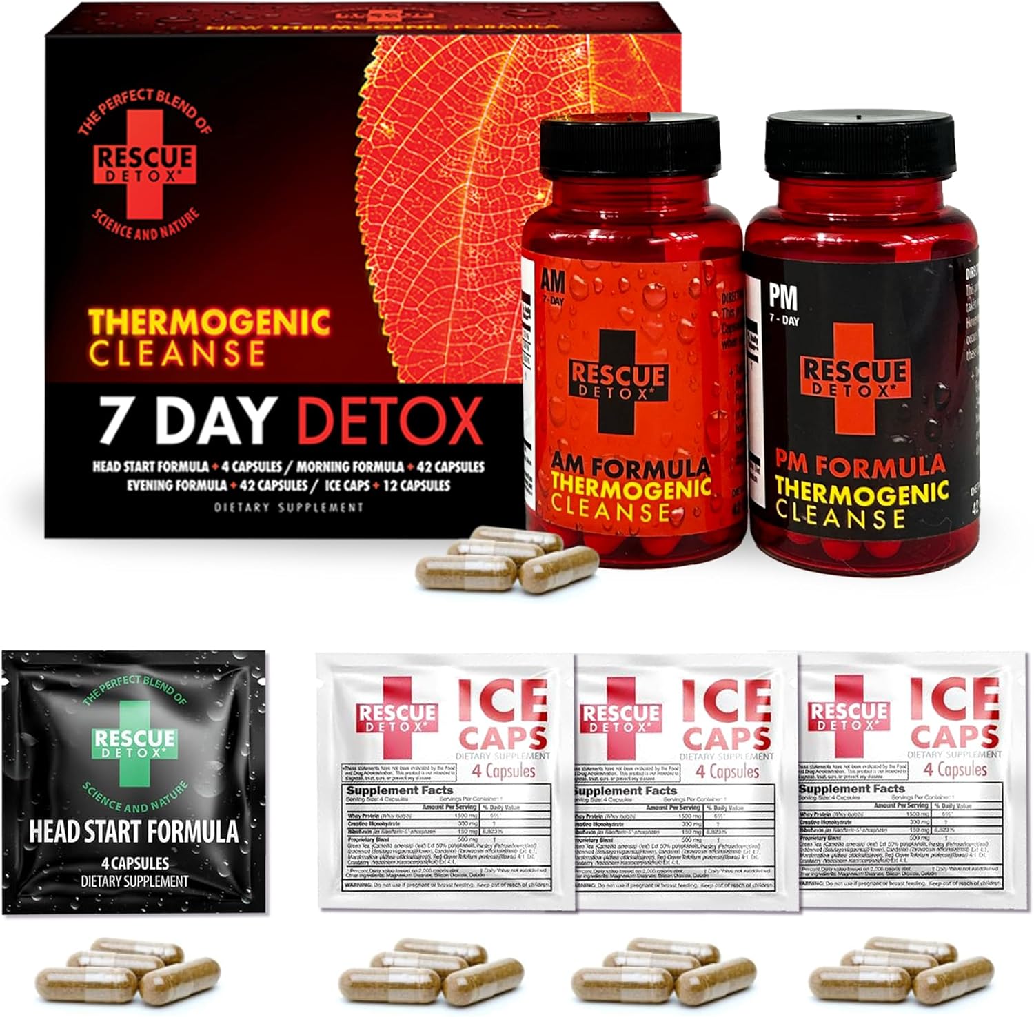 Rescue Detox 7 Day Thermogenic Permanent Detox Kit - Full Body Detox Cleanse for Women and Men - Body Detox Pills for Stomach Detox Cleanse - 100ct Capsules with Bonus Instant Ice Caps
