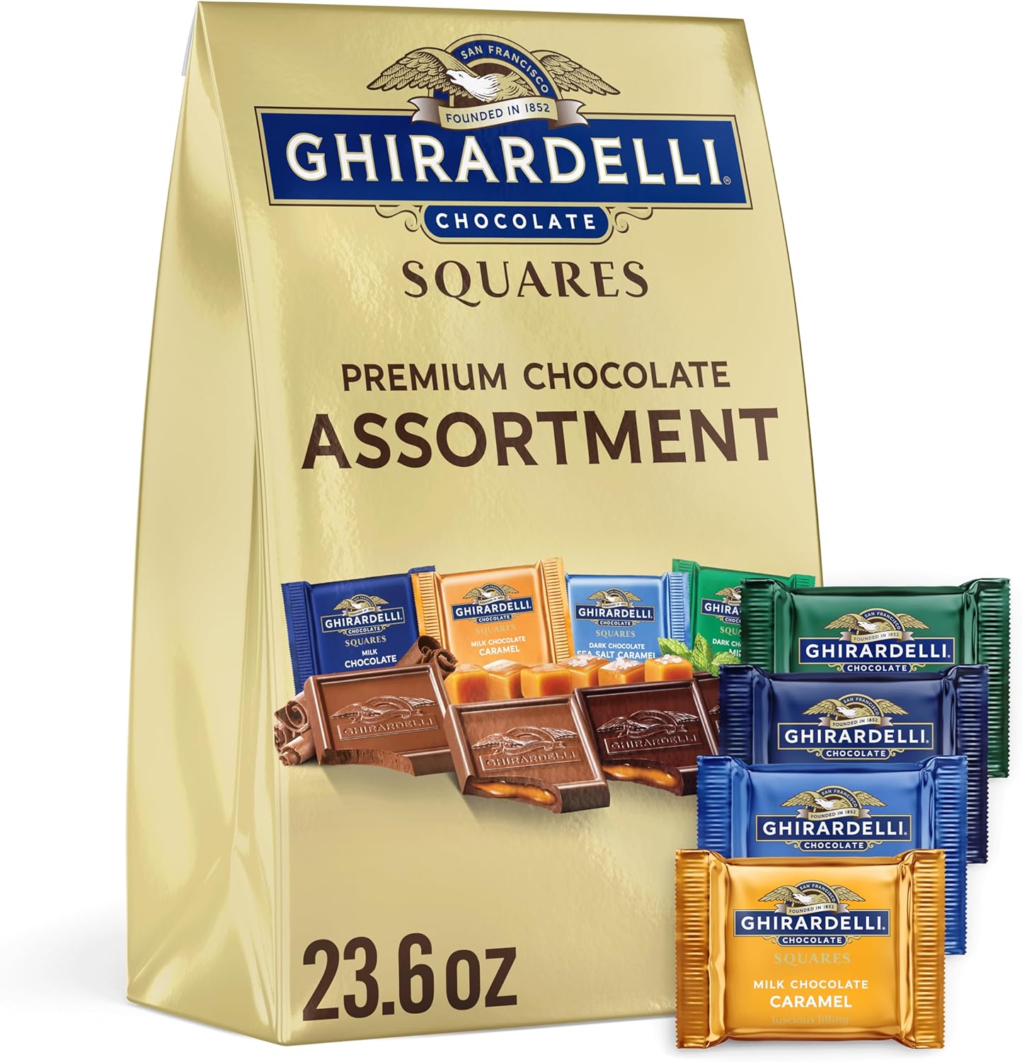 GHIRARDELLI Premium Assorted Chocolate SQUARES, 23.6 oz Bag Variety Pack of Milk, Dark, Mint, and Caramel Chocolates