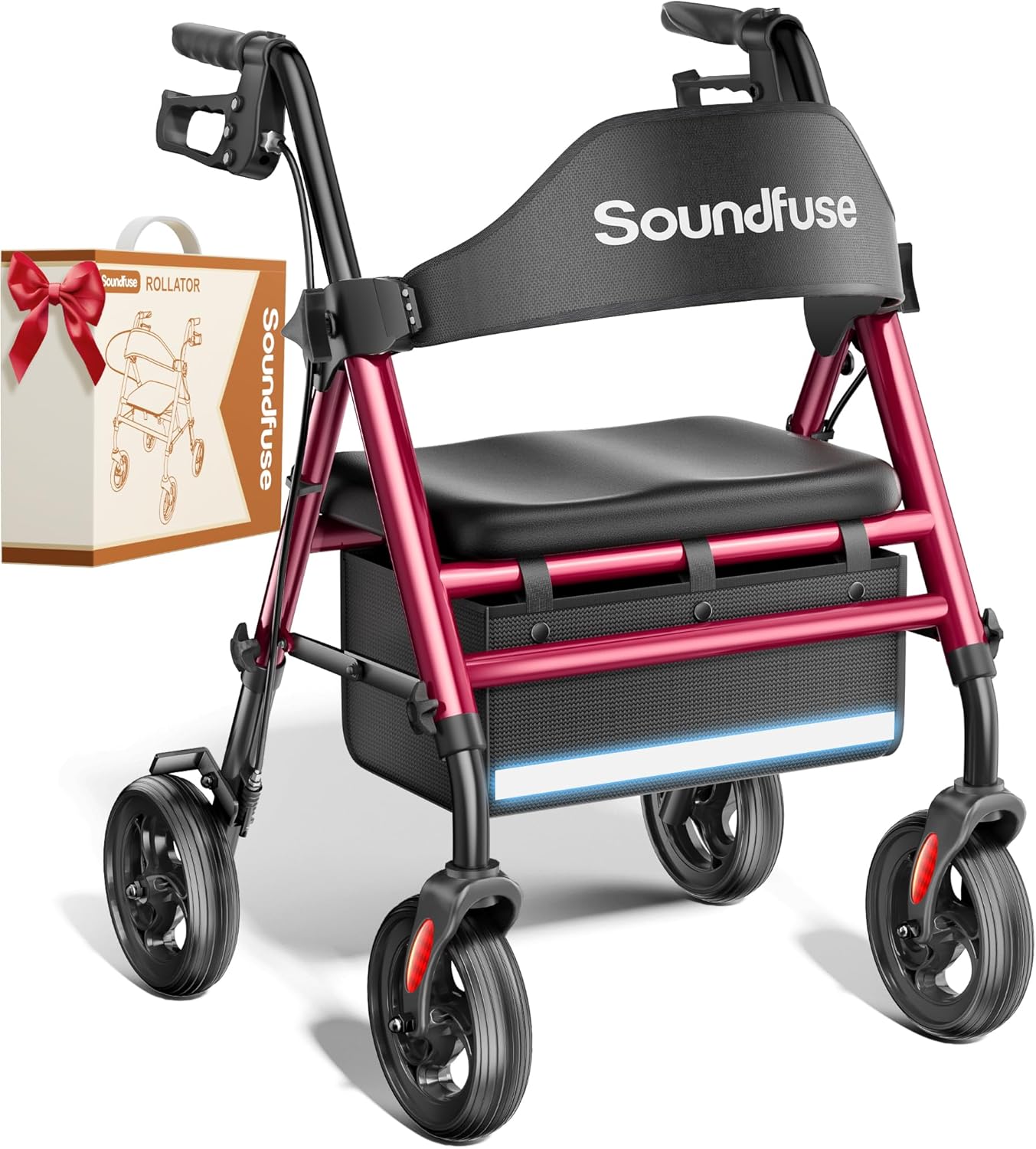 SOUNDFUSE Walkers for Seniors with seat, Foldable Rollator Walker with Double Support Bar, 16" Extra Wide Ergonomic Arc Seat, 8" All Terrain Wheels, 350lb, Dual Height Adjustable, and Storage Bag