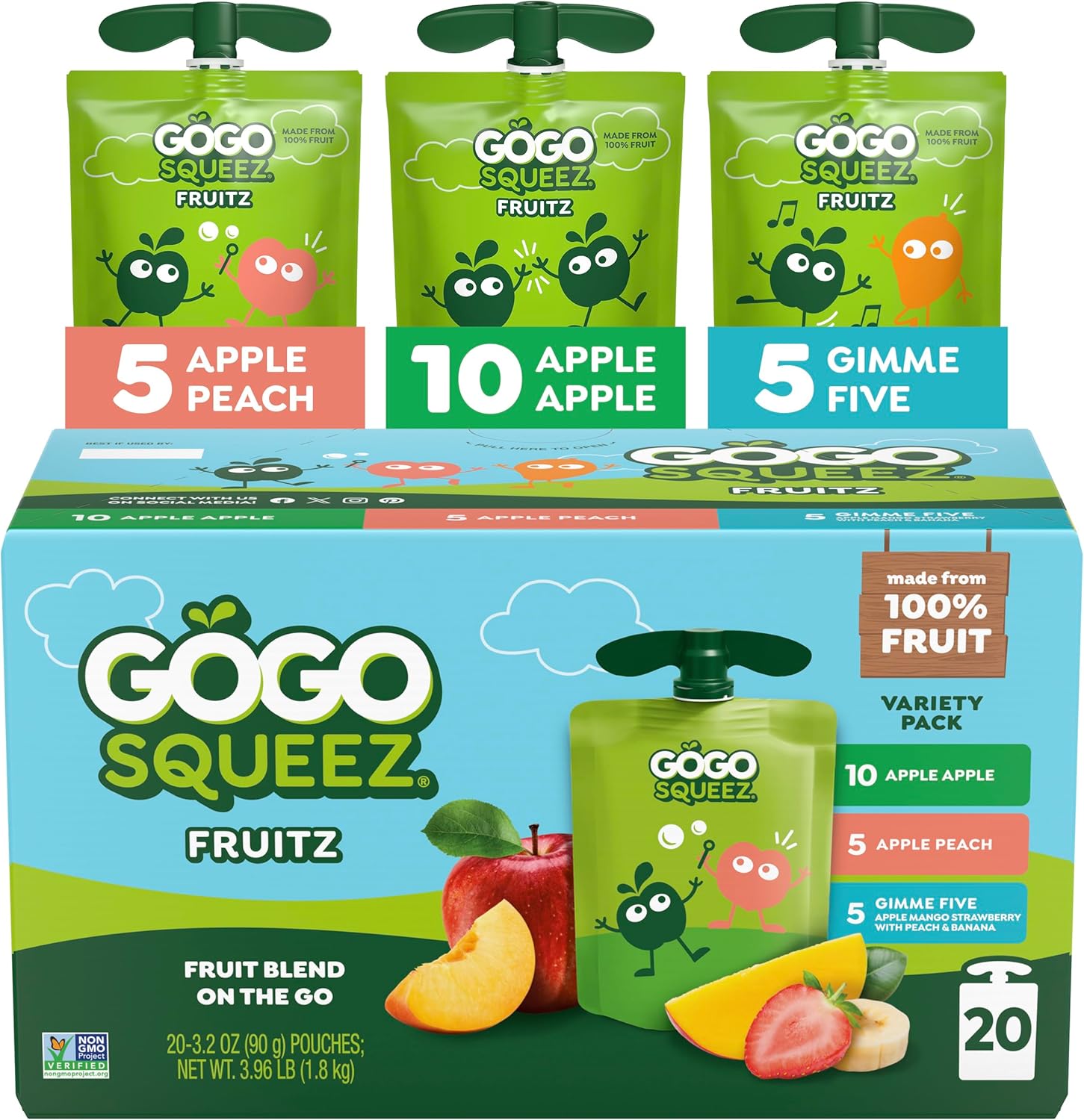GoGo squeeZ Applesauce and Fruit Puree Variety Pack, Apple, Peach & Gimme Five!, 3.2 oz (Pack of 20), Unsweetened Fruit Snacks for Kids, Gluten Free, Nut Free, BPA Free Pouches (Packaging May Vary)