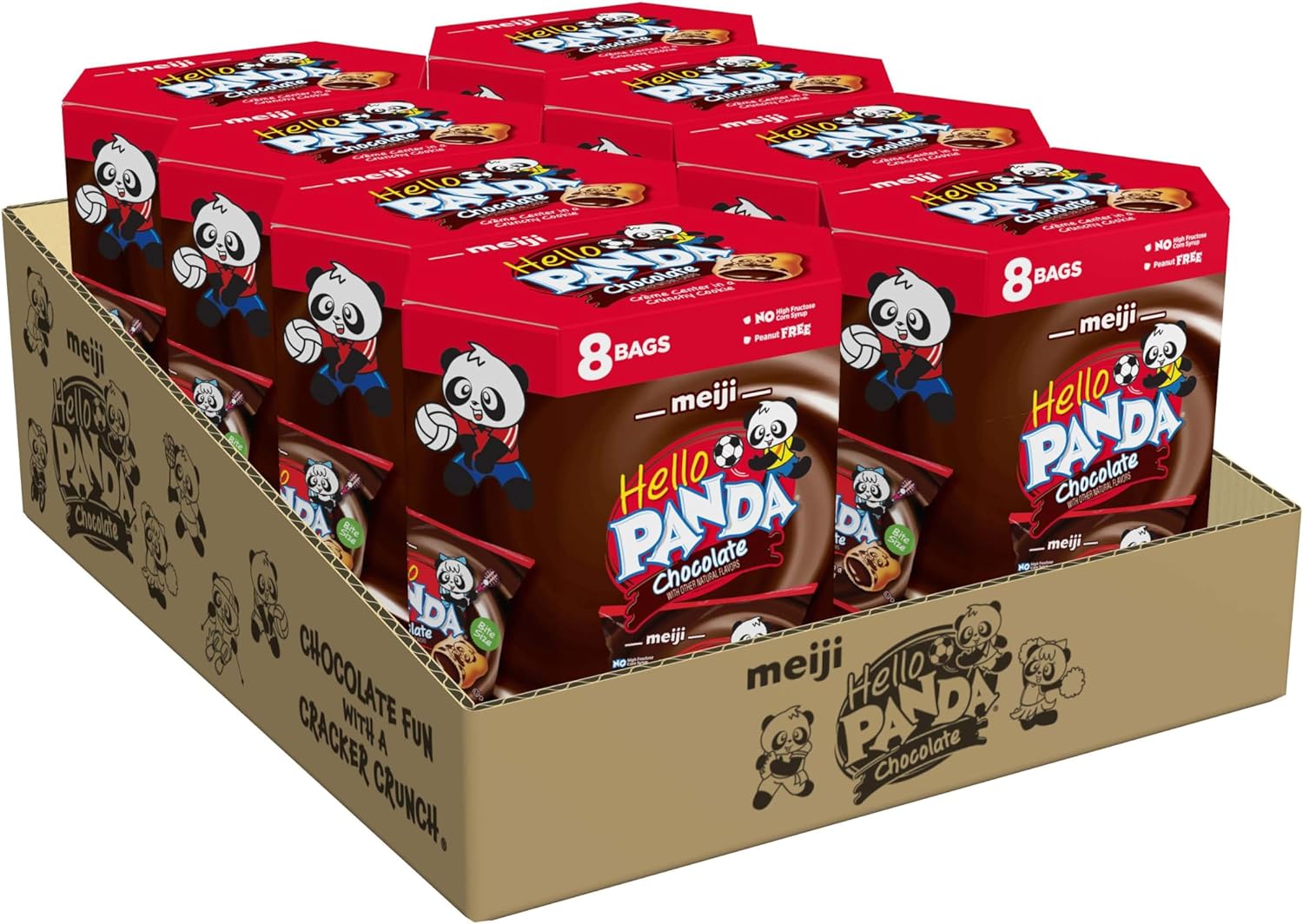 Meiji Cookies, Chocolate Crème Filled - 6 oz, Pack of 8, 64 Bags Total - Bite Sized Cookies with Fun Panda Sports