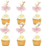 30 PCS Easter Cupcake topper Bunny Cupcake Toppers Easter Egg Cupcake Topper Rabbit Party Cake Topper Decorations (Brown) (Pink TUTU)