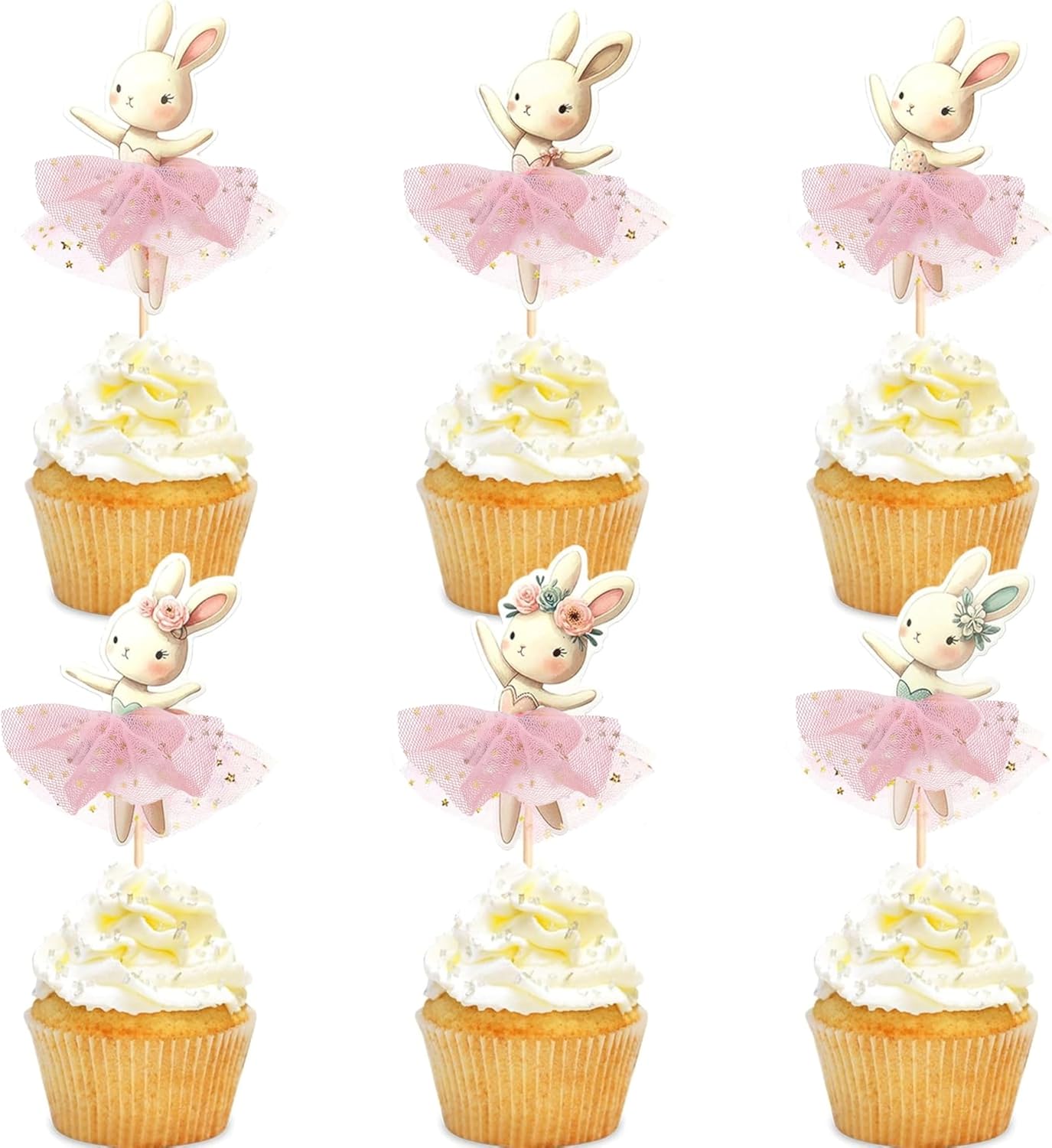 30 PCS Easter Cupcake topper Bunny Cupcake Toppers Easter Egg Cupcake Topper Rabbit Party Cake Topper Decorations (Brown) (Pink TUTU)