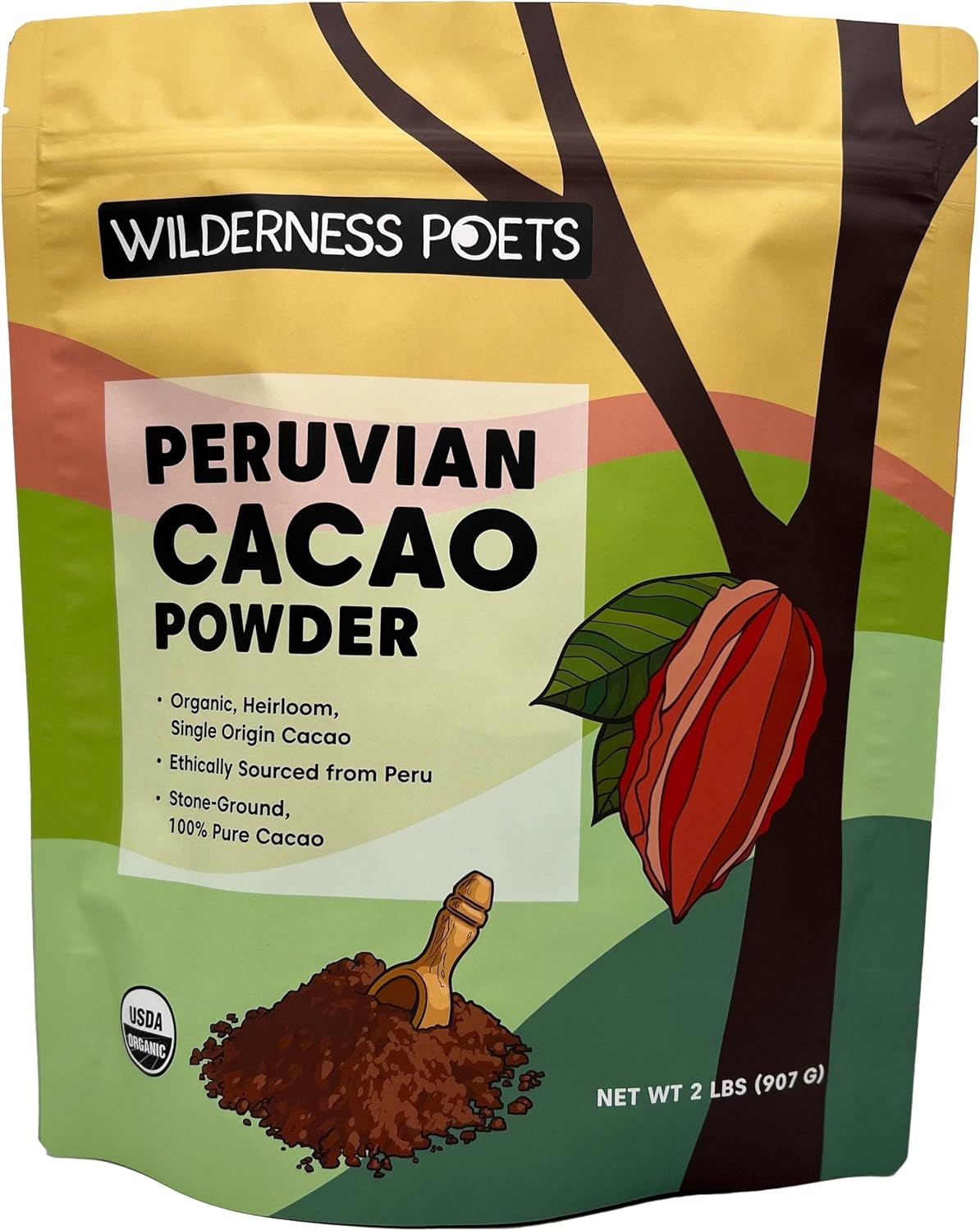 Wilderness Poets, Organic Cacao Powder. Unsweetened, 100% Peruvian Heirloom Cacao (Criollo Variety) -32 Ounce - 2 Pound