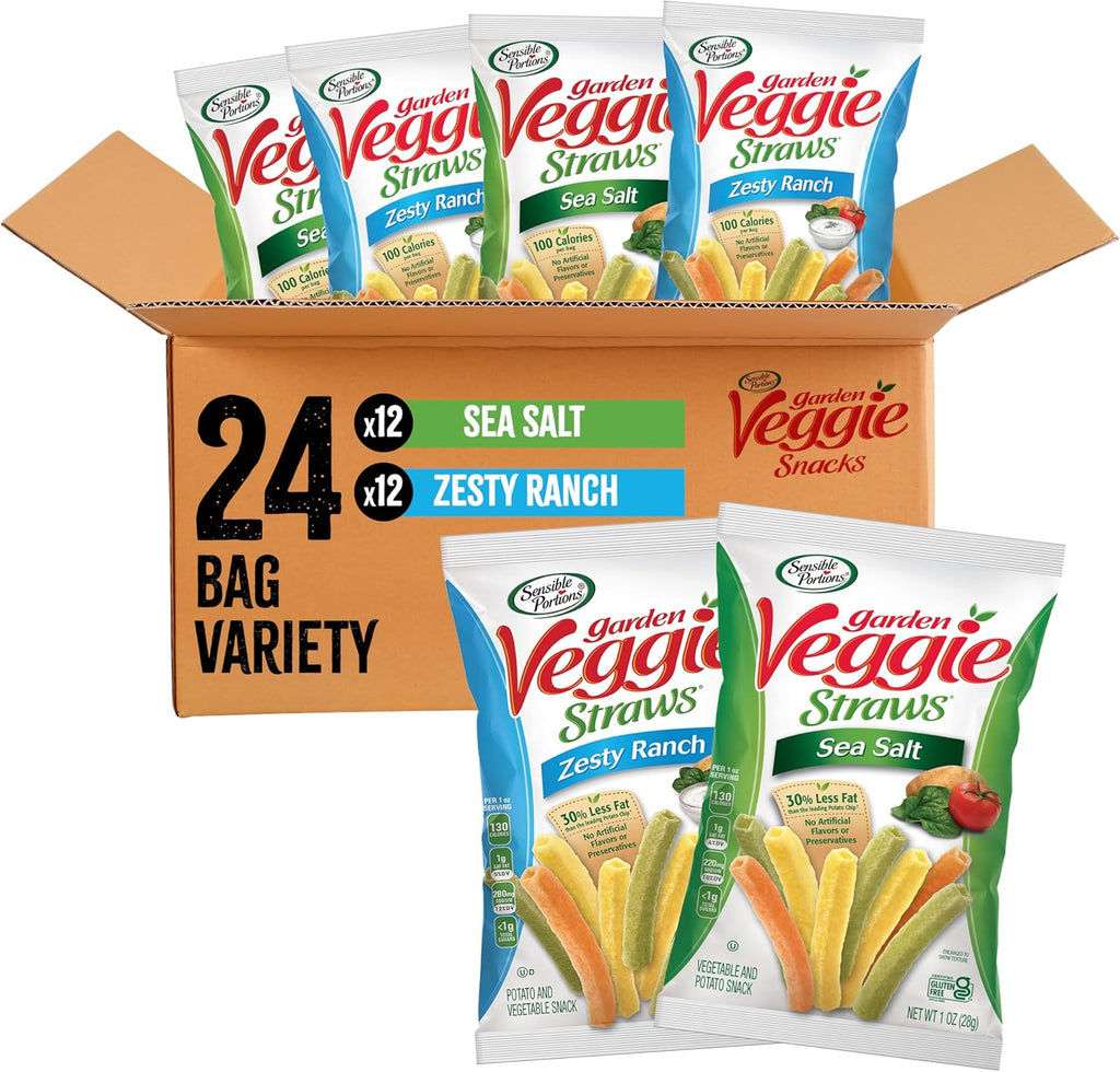 Sensible Portions Garden Veggie Snacks - Veggie Straws, Snack Size Variety Pack, Sea Salt & Zesty Ranch, 1 Oz (Pack of 24)