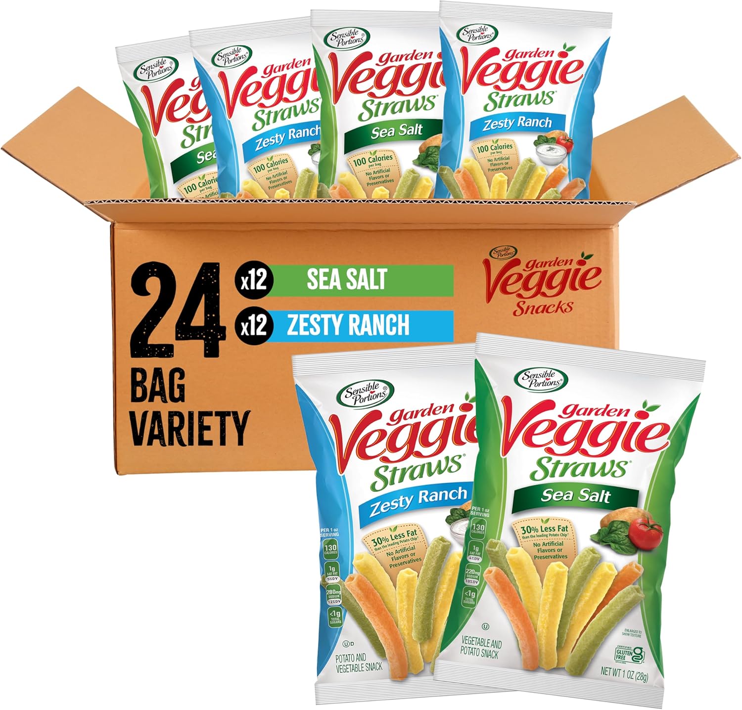 Sensible Portions Garden Veggie Snacks - Veggie Straws, Snack Size Variety Pack, Sea Salt & Zesty Ranch, 1 Oz (Pack of 24)