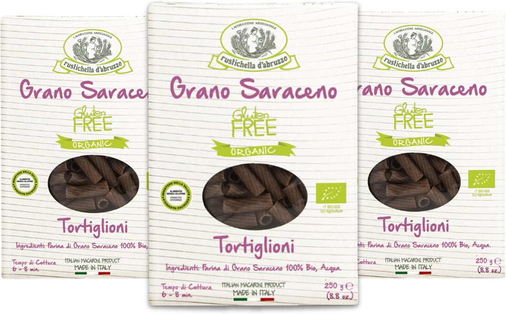 Rustichella d'Abruzzo Organic Buckwheat Tortiglioni (Pack of 3), 250g Each - Gluten-Free Pasta with Distinct Buckwheat Flavor - Artisan Pasta from Italy