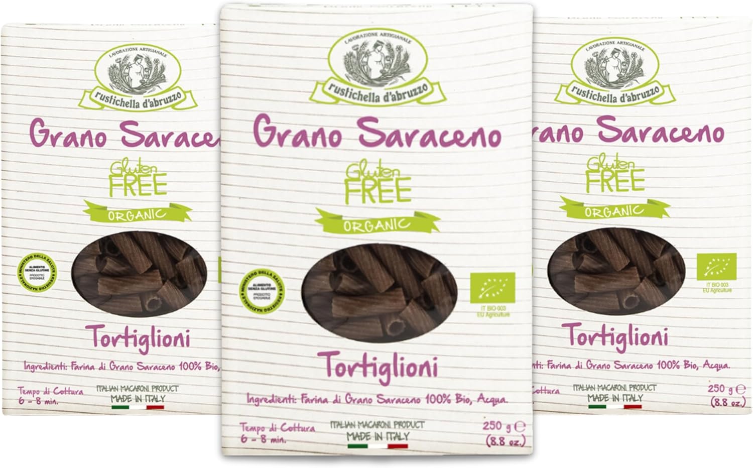 Rustichella d'Abruzzo Organic Buckwheat Tortiglioni (Pack of 3), 250g Each - Gluten-Free Pasta with Distinct Buckwheat Flavor - Artisan Pasta from Italy
