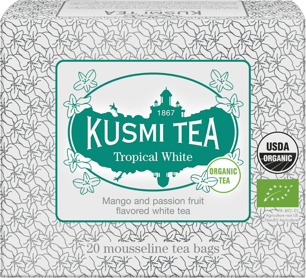 Kusmi Tea - Tropical White - Organic Blend of White Tea and Green Tea with Mango and Passion Fruit - Organic Flavored White Teas - Smooth, Flavourful Tea - 20 Tea Bags