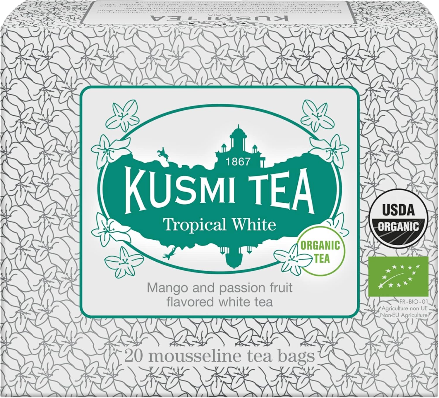 Kusmi Tea - Tropical White - Organic Blend of White Tea and Green Tea with Mango and Passion Fruit - Organic Flavored White Teas - Smooth, Flavourful Tea - 20 Tea Bags