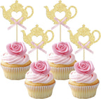 Ephlyn 24Pcs Teapot Cupcake Toppers Bow Floral Tea Time Cupcake Picks Afternoon Tea Party Decorations for Tea Party Theme Baby Shower Wedding Birthday Party Cake Decorations Supplies Pink